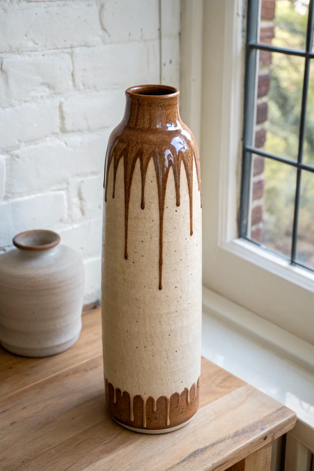 Intentional glaze drips flow down a tall vase, bold contrast with calm minimalist styling.