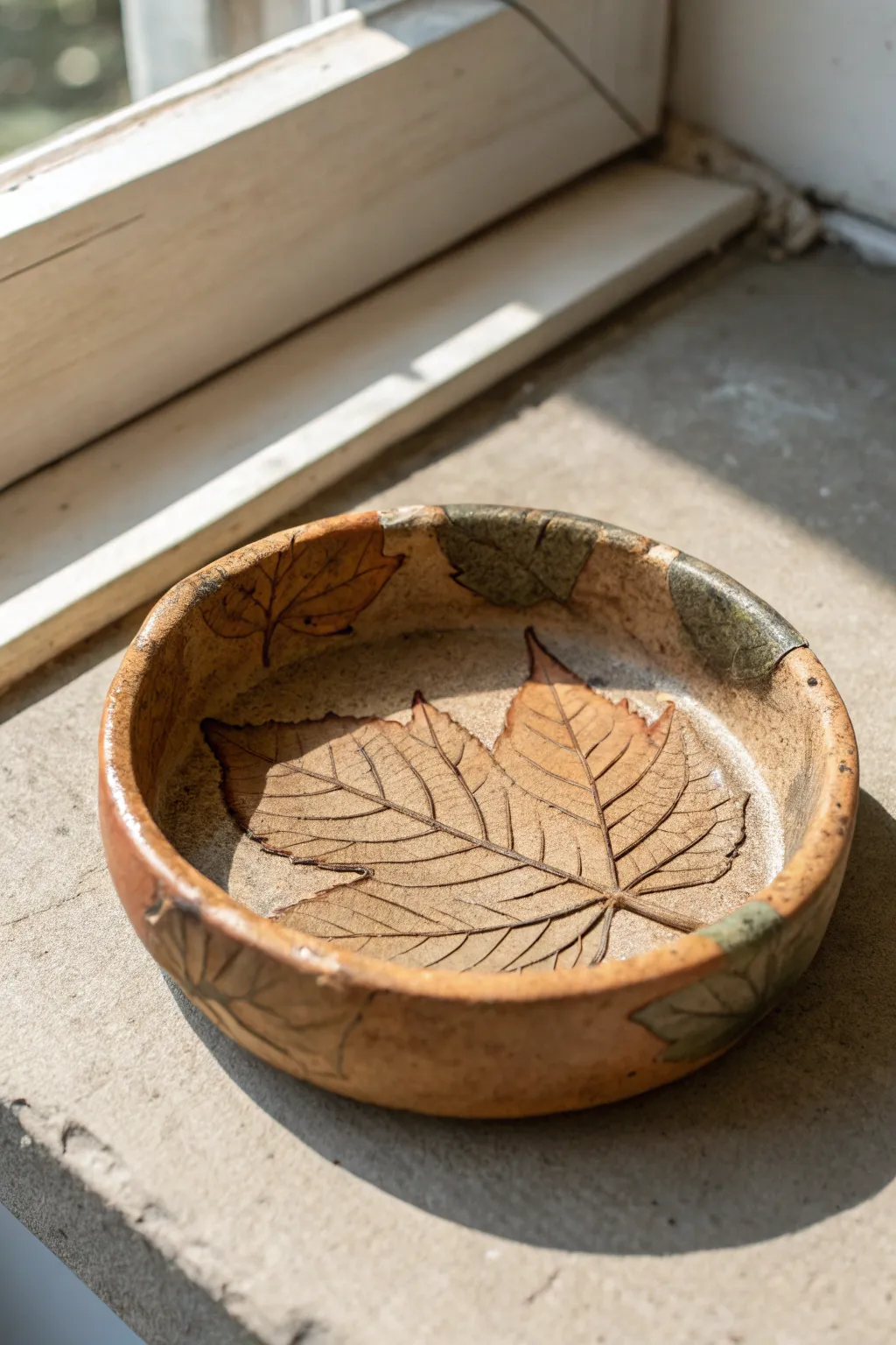 Leaf-imprint clay ashtray with earthy glaze, minimalist Scandinavian look and botanical texture.