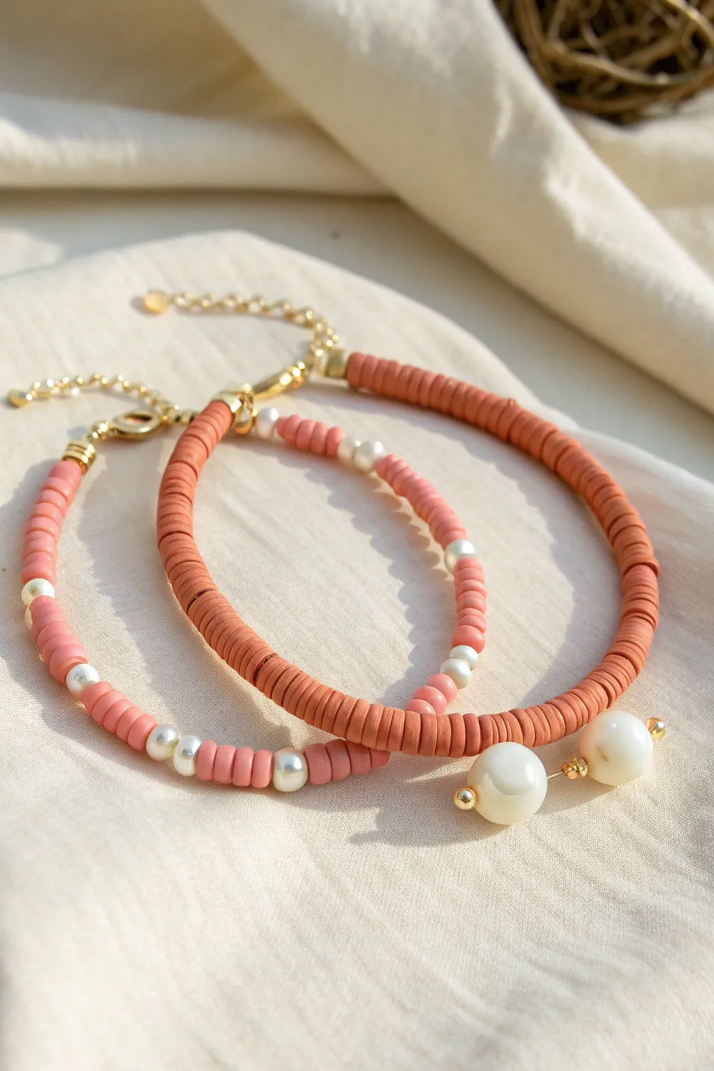 Pearl meets playful clay: two easy bracelets with clean modern boho contrast for summer.