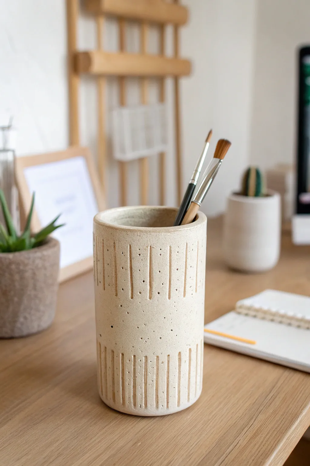 Textured clay desk cup for a calm workspace, minimalist boho style, perfect adult clay project.