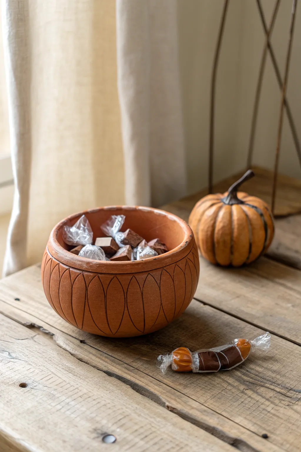 Sweet autumn charm: a handmade pumpkin pinch pot candy bowl with minimalist cozy vibes.