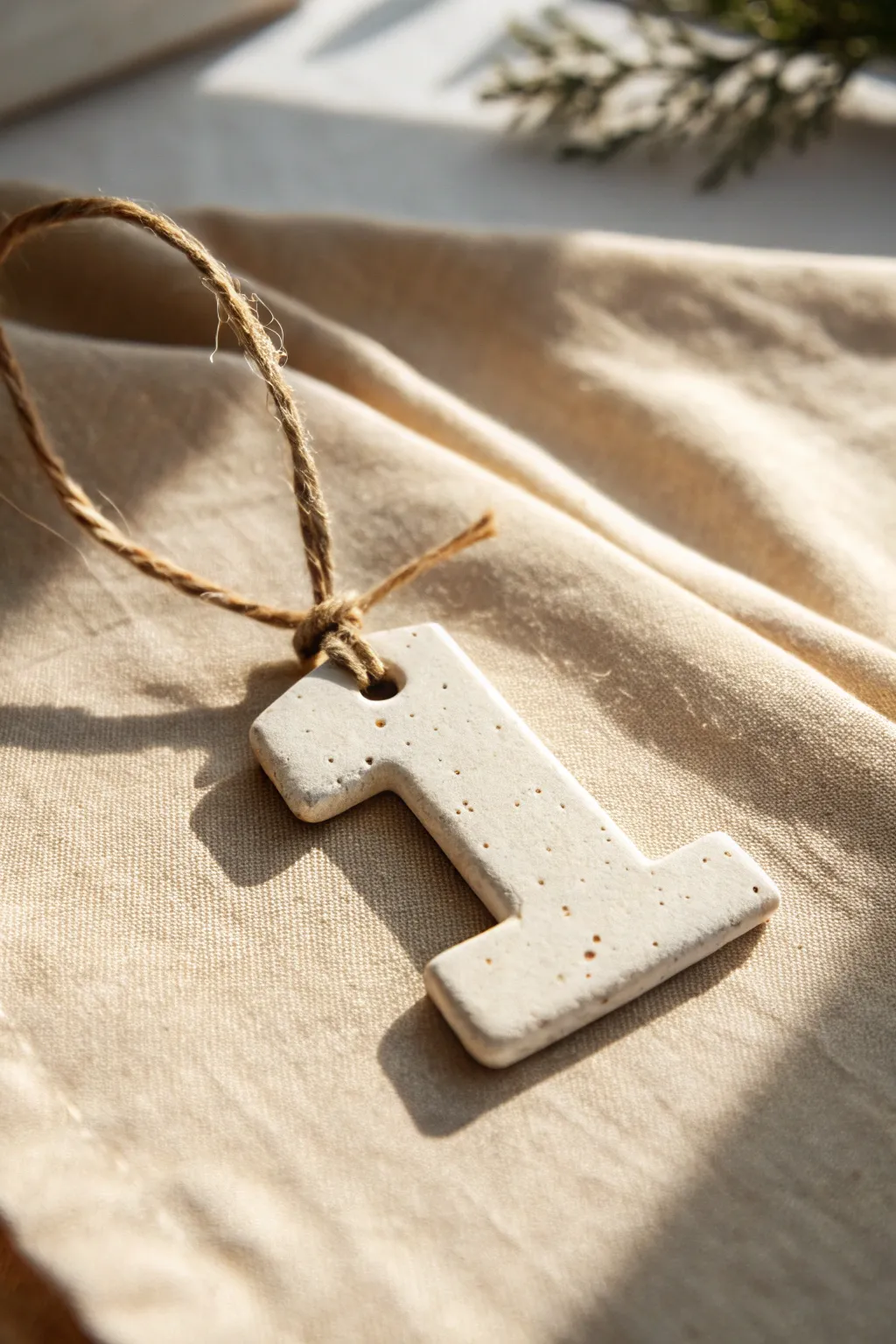 Minimal clay alphabet ornaments with twine for personalized gifts, tags, and tree decor.