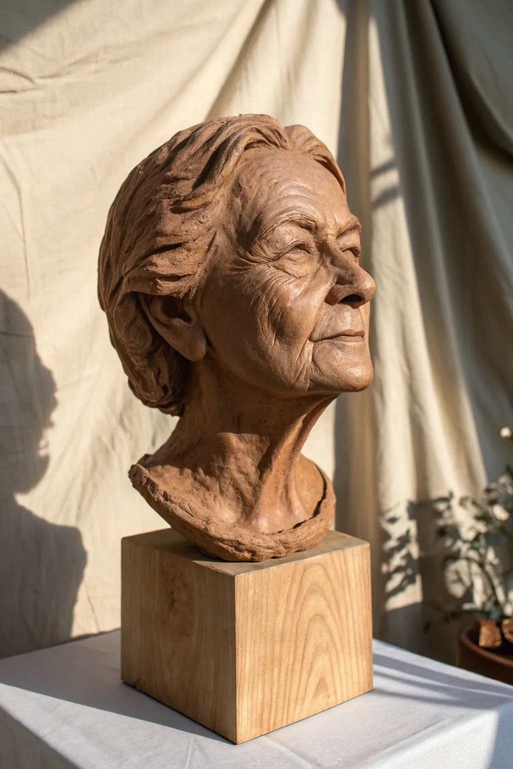 Cool clay sculpture idea: serene elderly bust with soft wrinkles and textured hair in moody light
