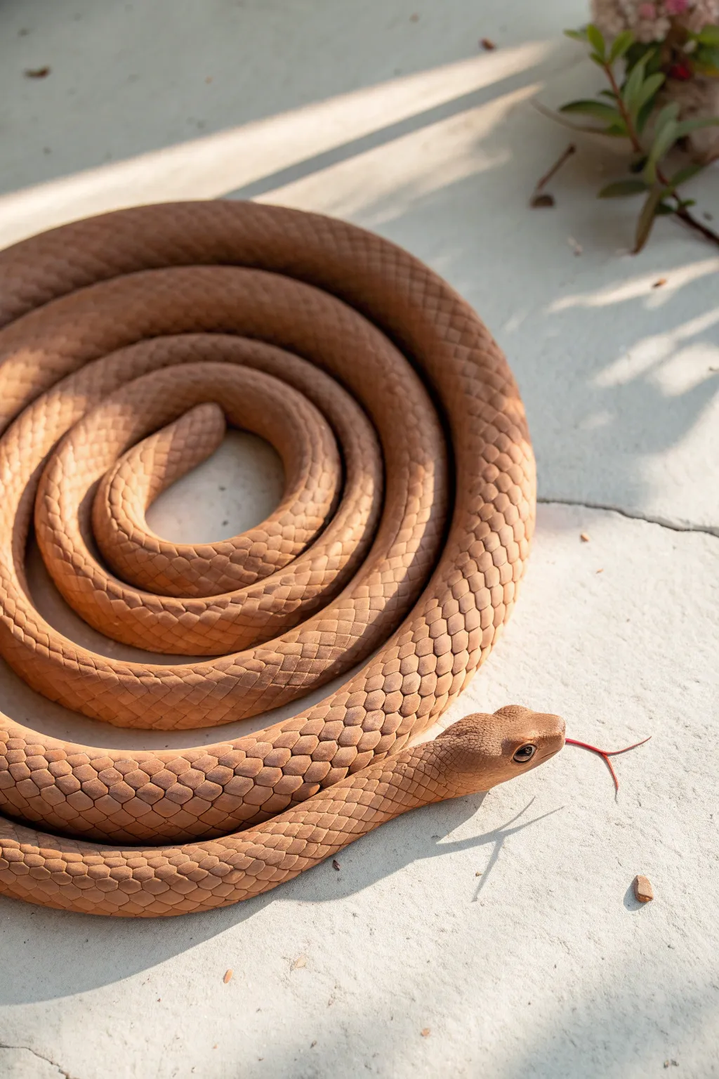 Easy coiled clay snake with stamped scales, a minimalist boho sculpture idea for beginners