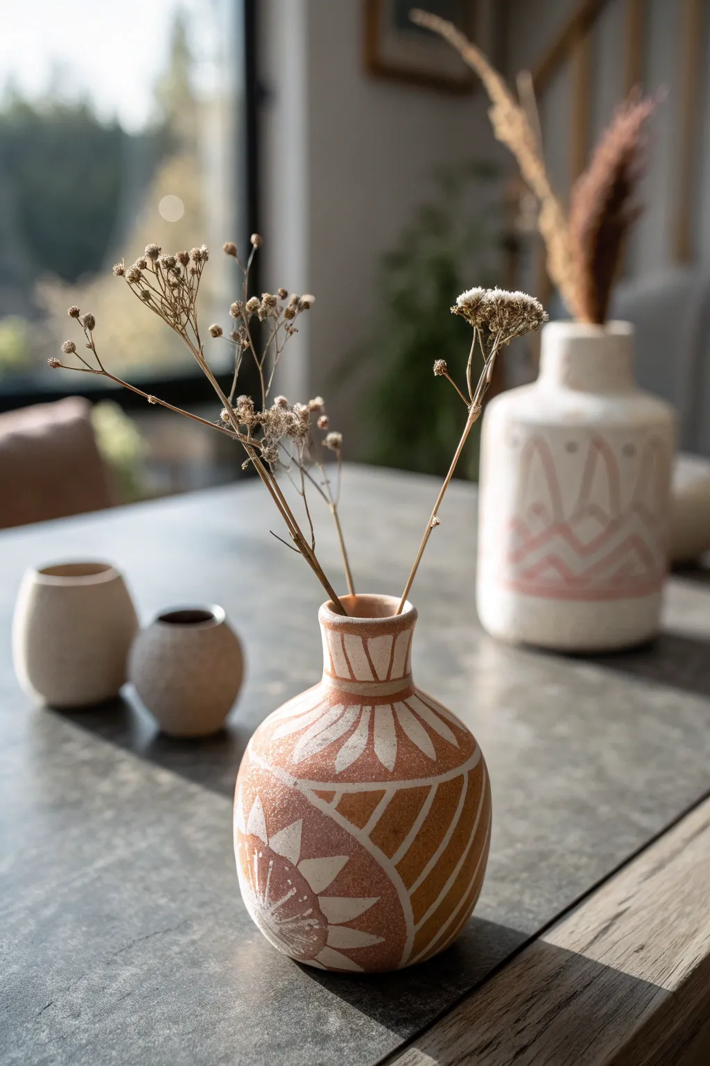 Air-dry clay mini magnet bud vase with a dried stem, minimalist pattern, calm Nordic boho look