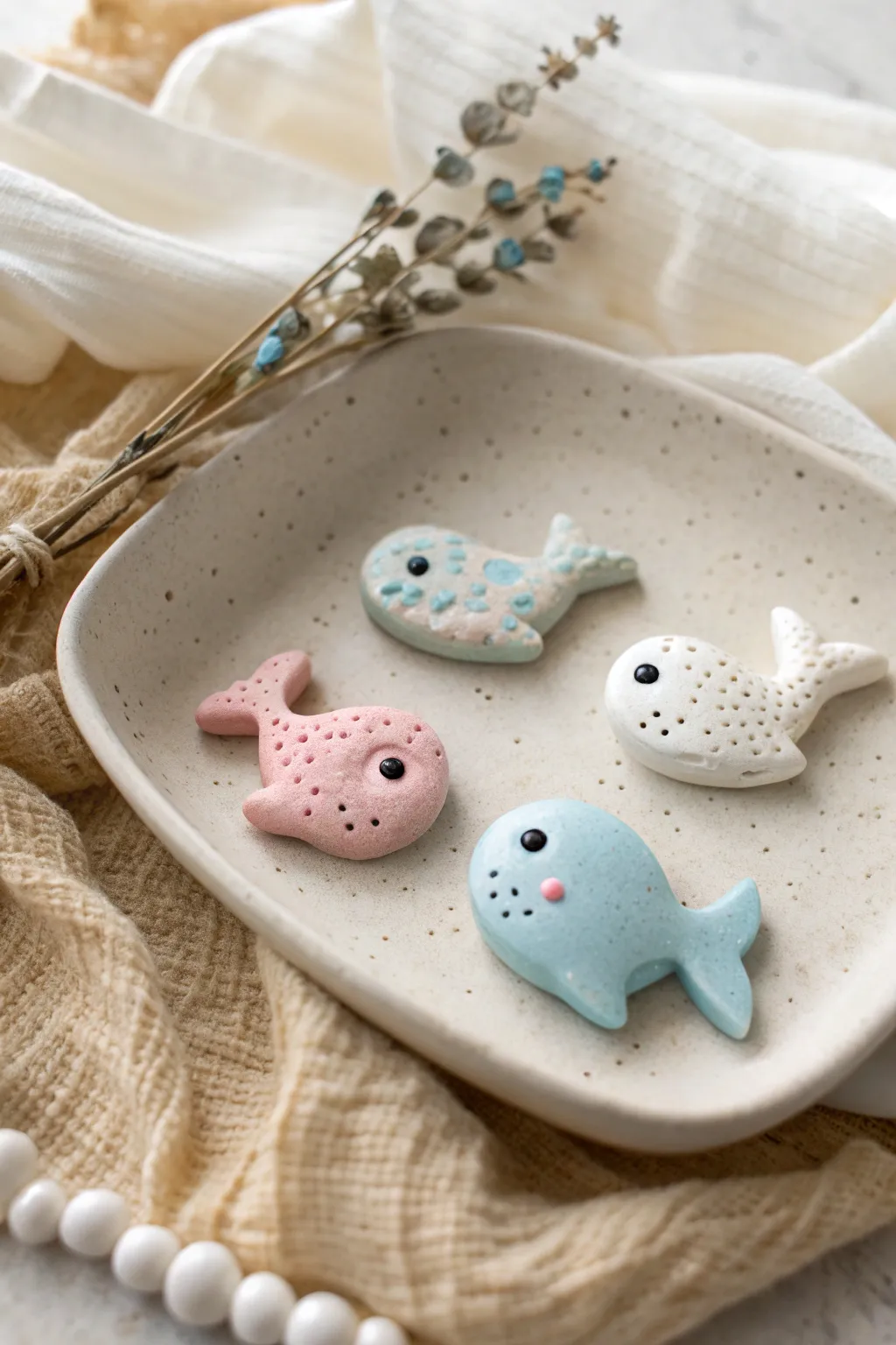 Pastel polymer clay sea creature pocket charms, a minimalist collectible set with cozy boho vibes.