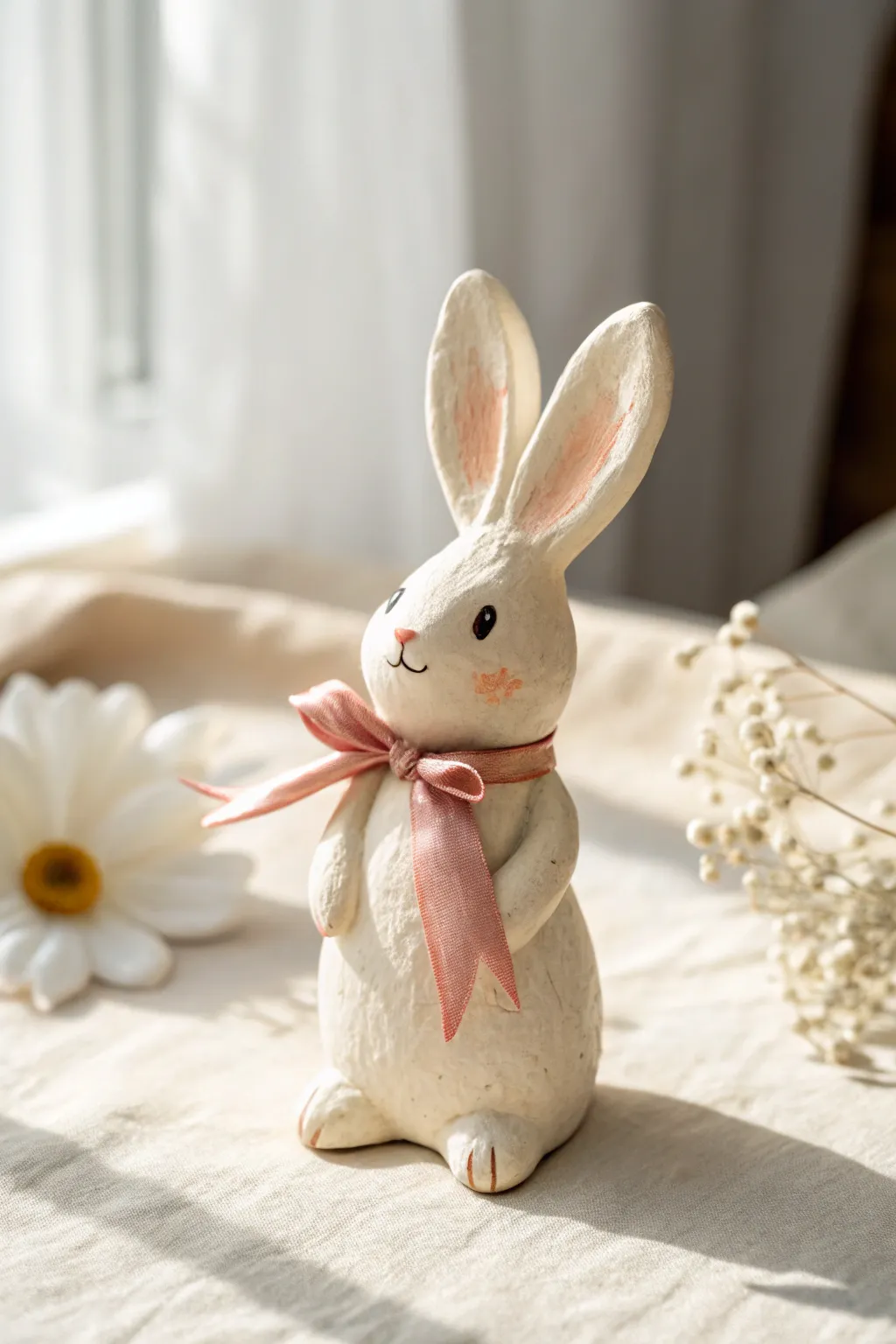 Sweet coquette bunny figurine with a pastel ribbon bow, perfect for minimal boho decor.