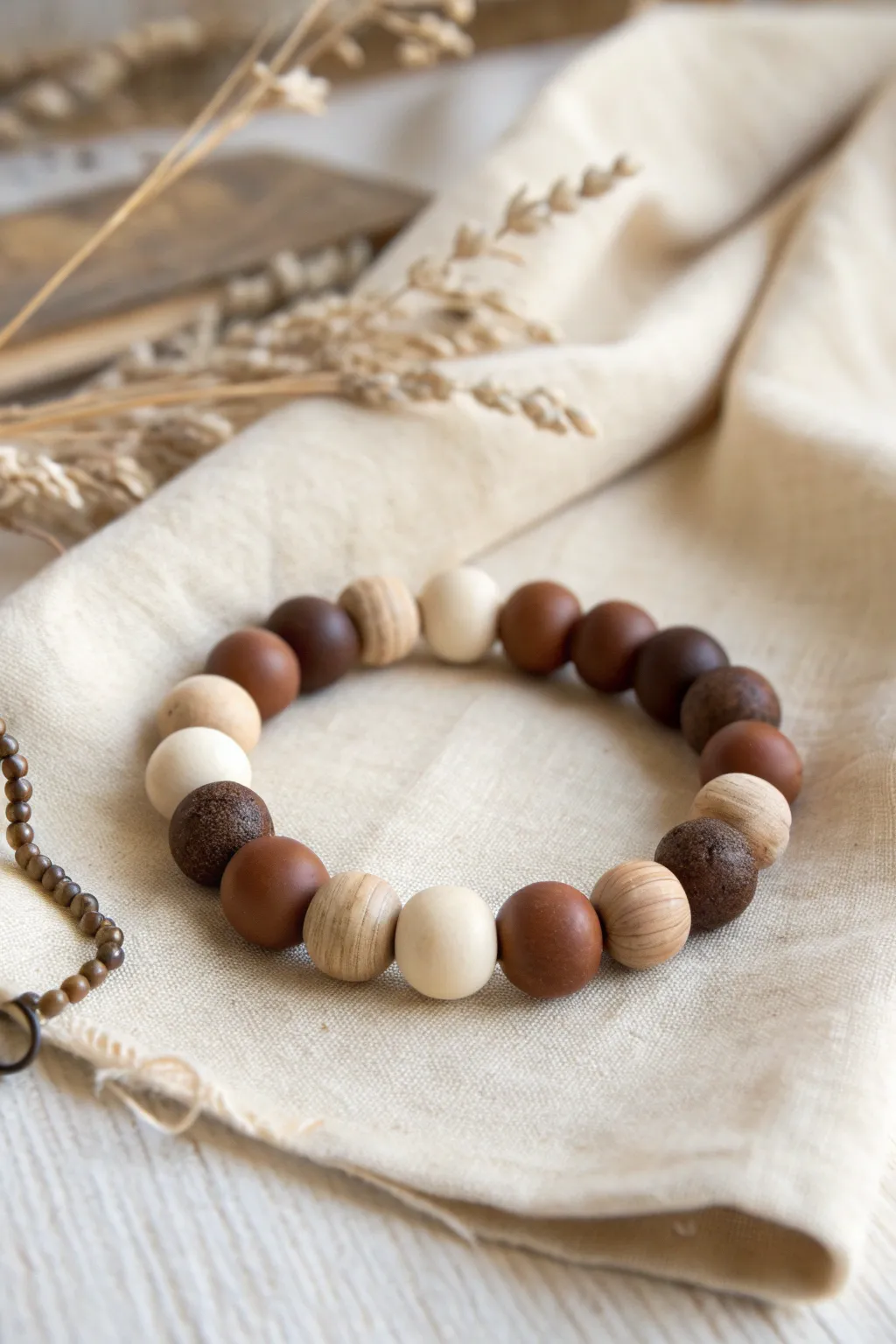 Rustic neutral clay bead bracelet with wood spacers for a warm, grounded country look.