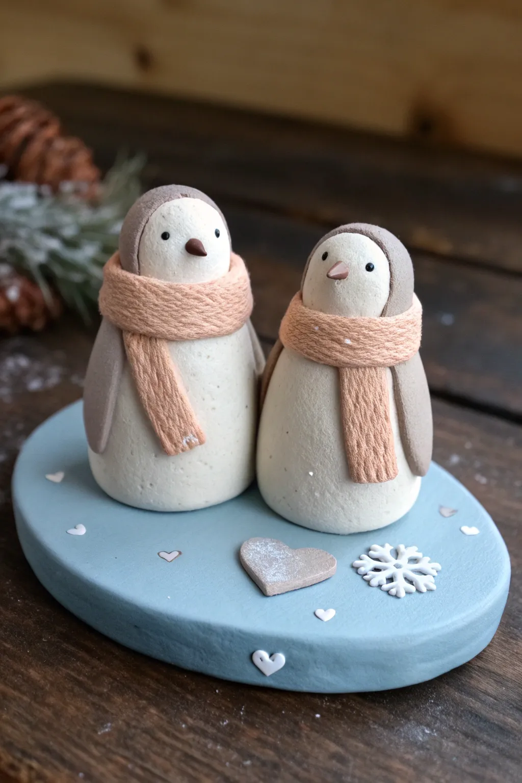 Sweet clay penguin couple on an icy-blue base, matching scarves and a tiny heart detail.