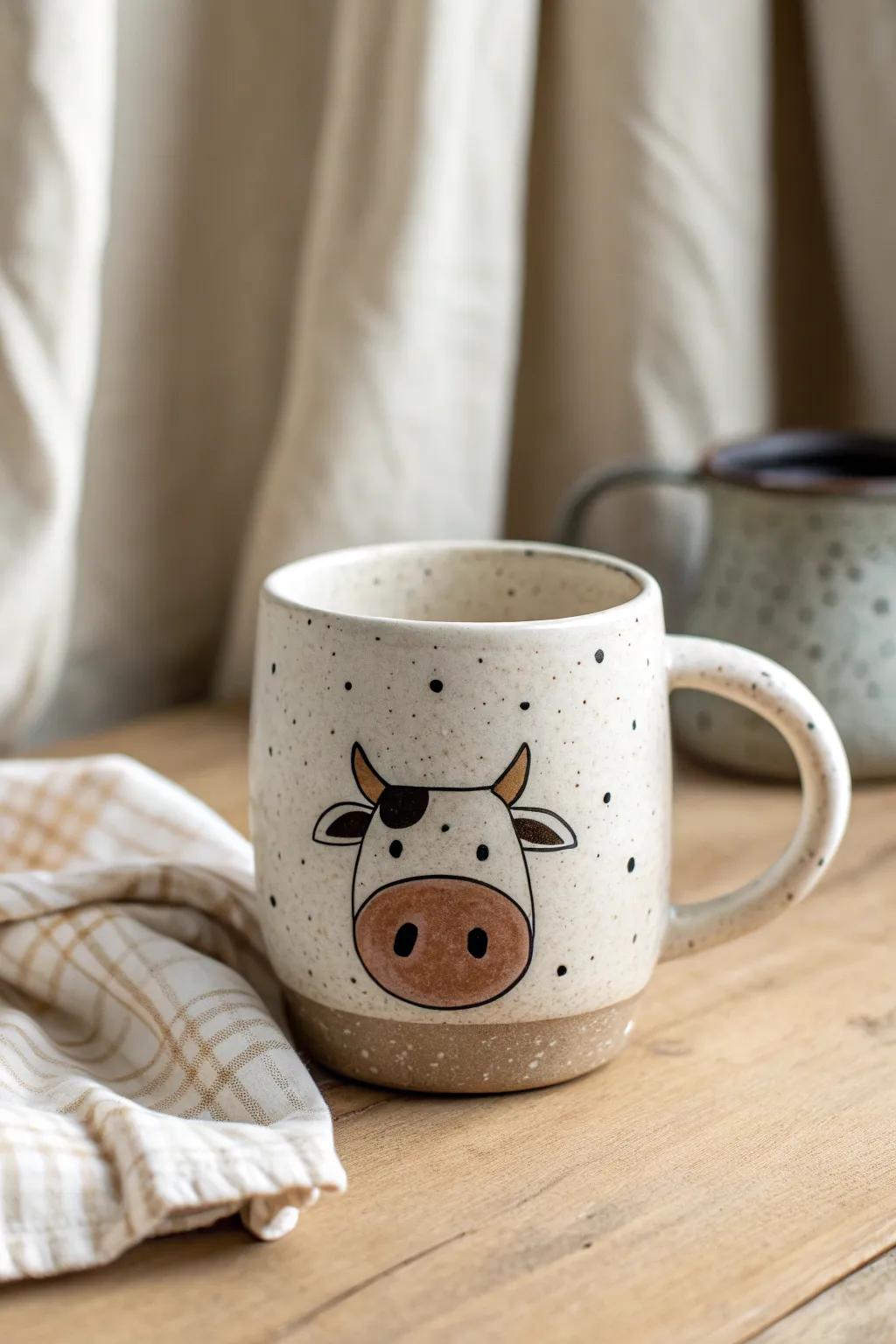 Minimal cow-face mug with simple raised details and spots, styled in soft Scandinavian light
