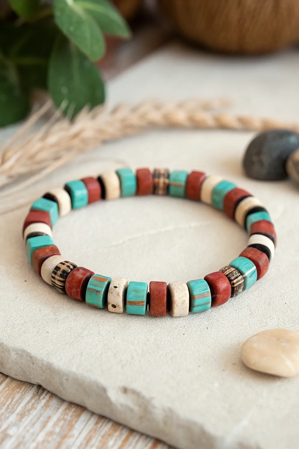 Navajo-inspired clay bead bracelet with crisp turquoise, rust, cream, and black stripes