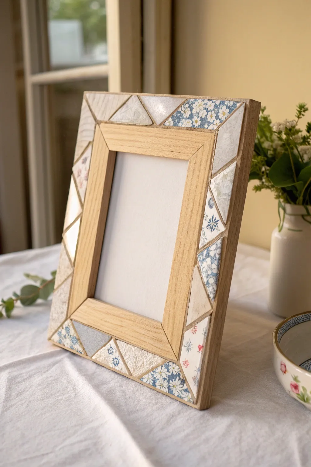 Minimalist wood photo frame with a tidy broken china mosaic border in soft blue patterns