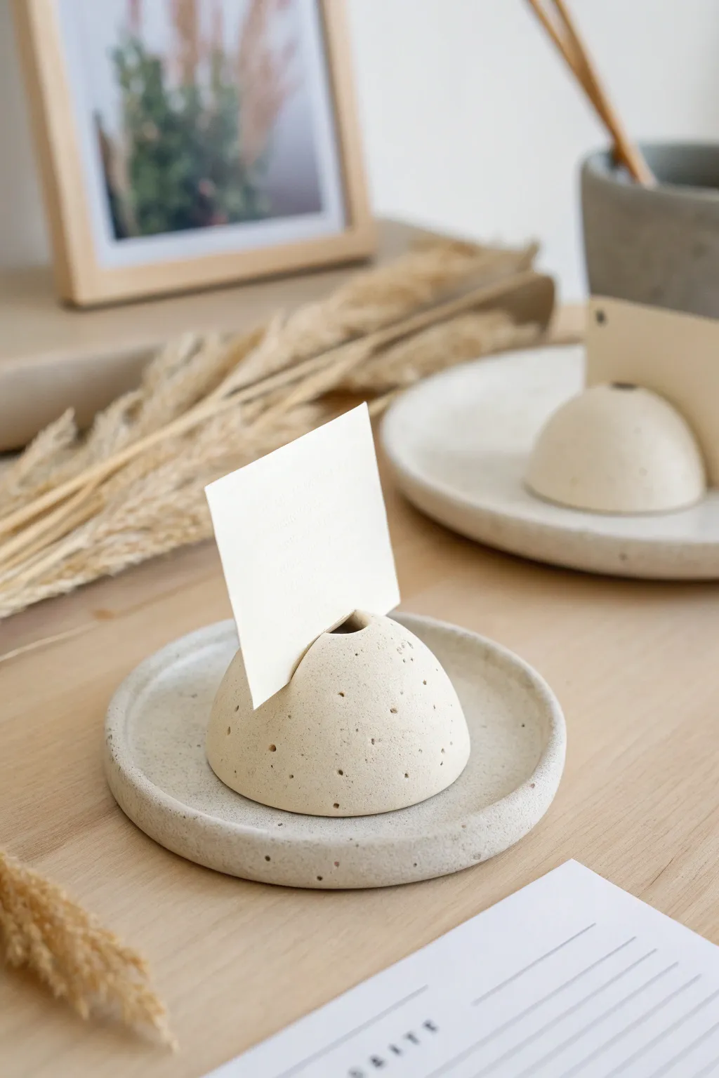 Minimal clay photo holder with blank card, styled on a bright desk for modern place settings