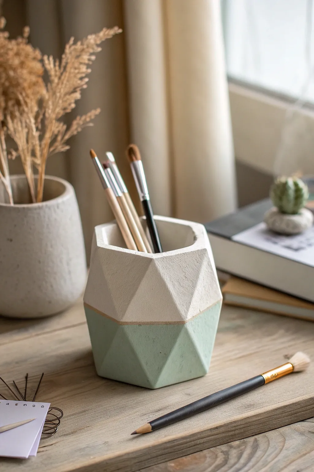 Geometric air-dry clay pencil cup with soft color blocks, elevating a calm minimalist desk.