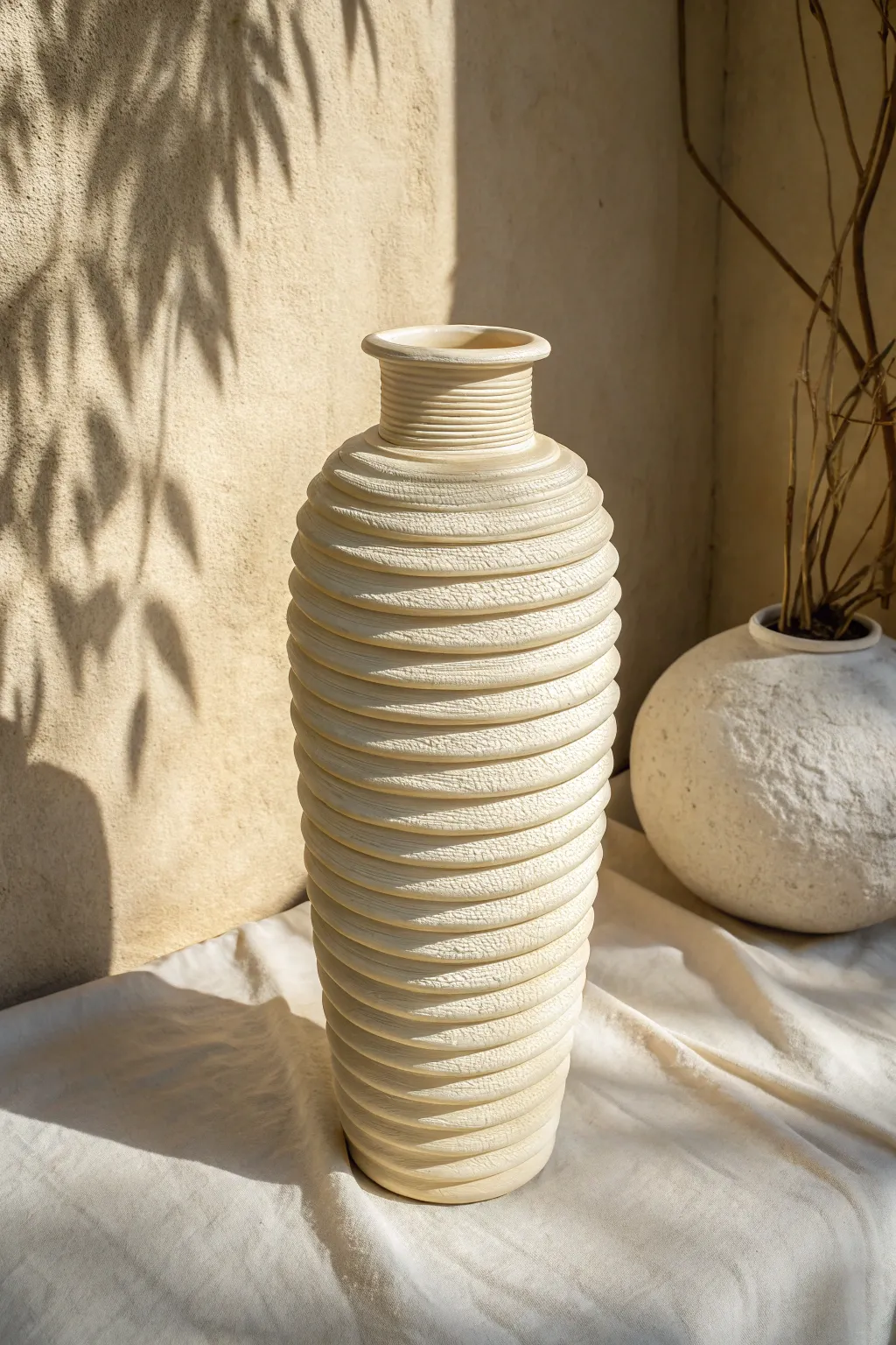 Minimal sculptural vase with wave-like wrap, matte glaze, and soft boho tones in high contrast.
