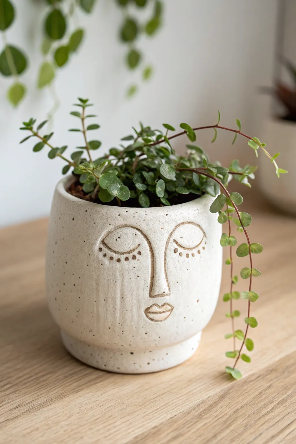 Minimal clay face planter with leafy hair for a simple, boho-meets-Scandi decor moment