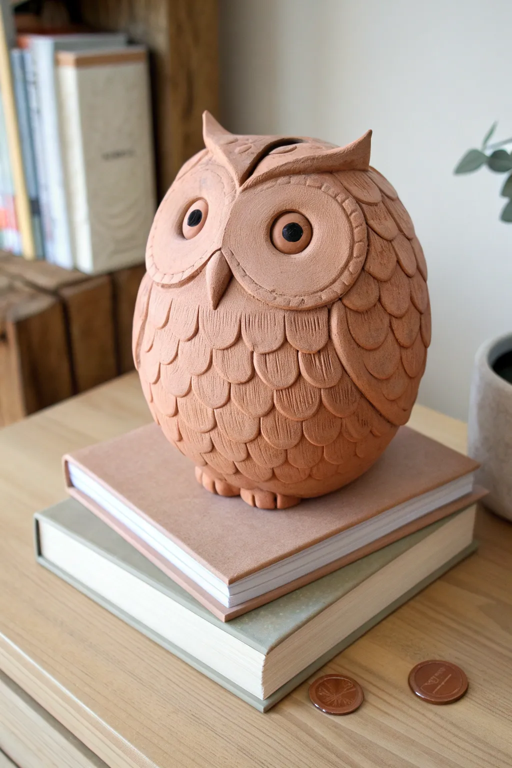Textured clay owl bank in earthy tones, perched on books for a cozy minimalist boho vibe.