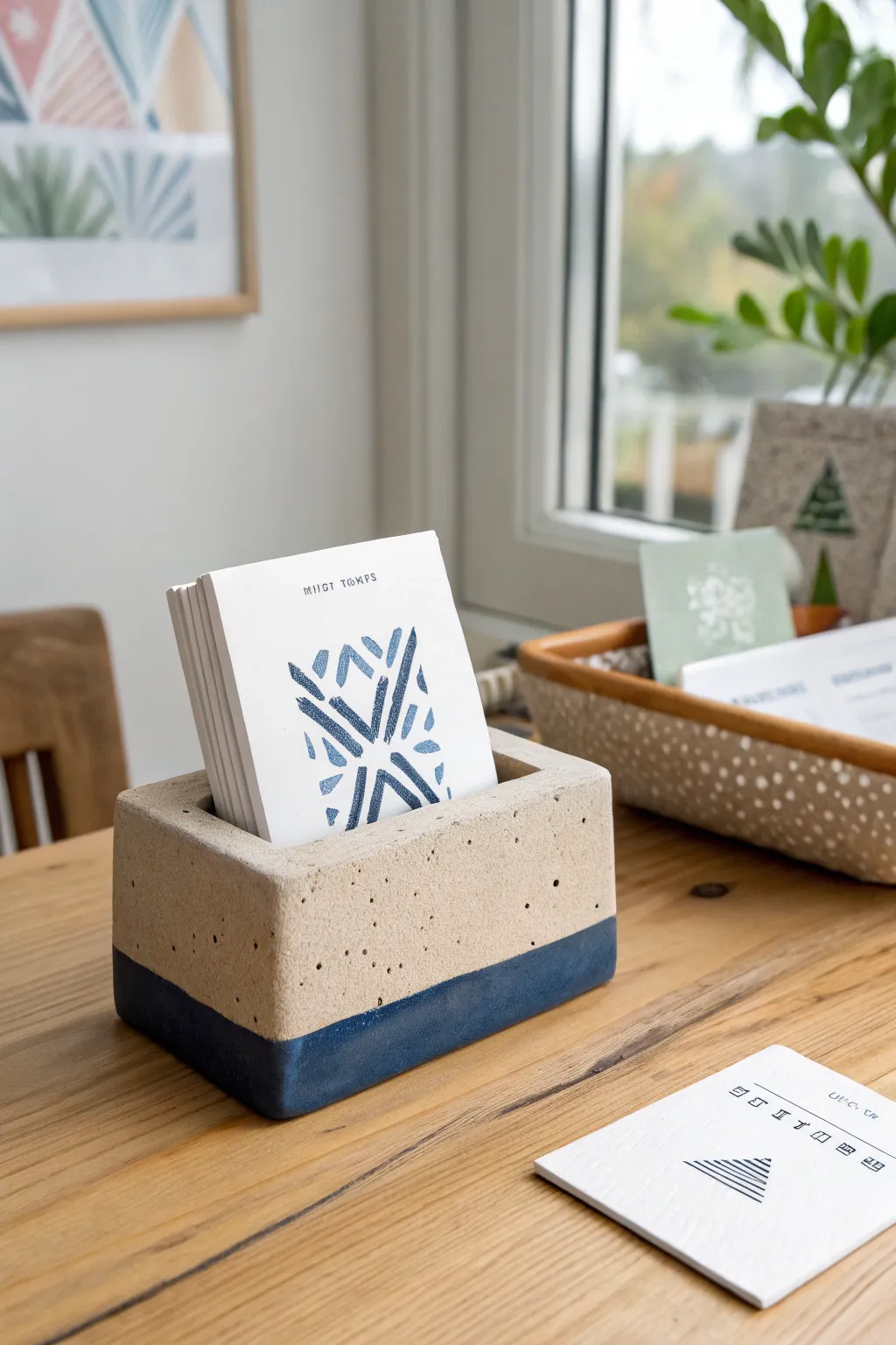 Handmade minimalist clay card holder in neutral stoneware with a bold accent, perfect for modern displays