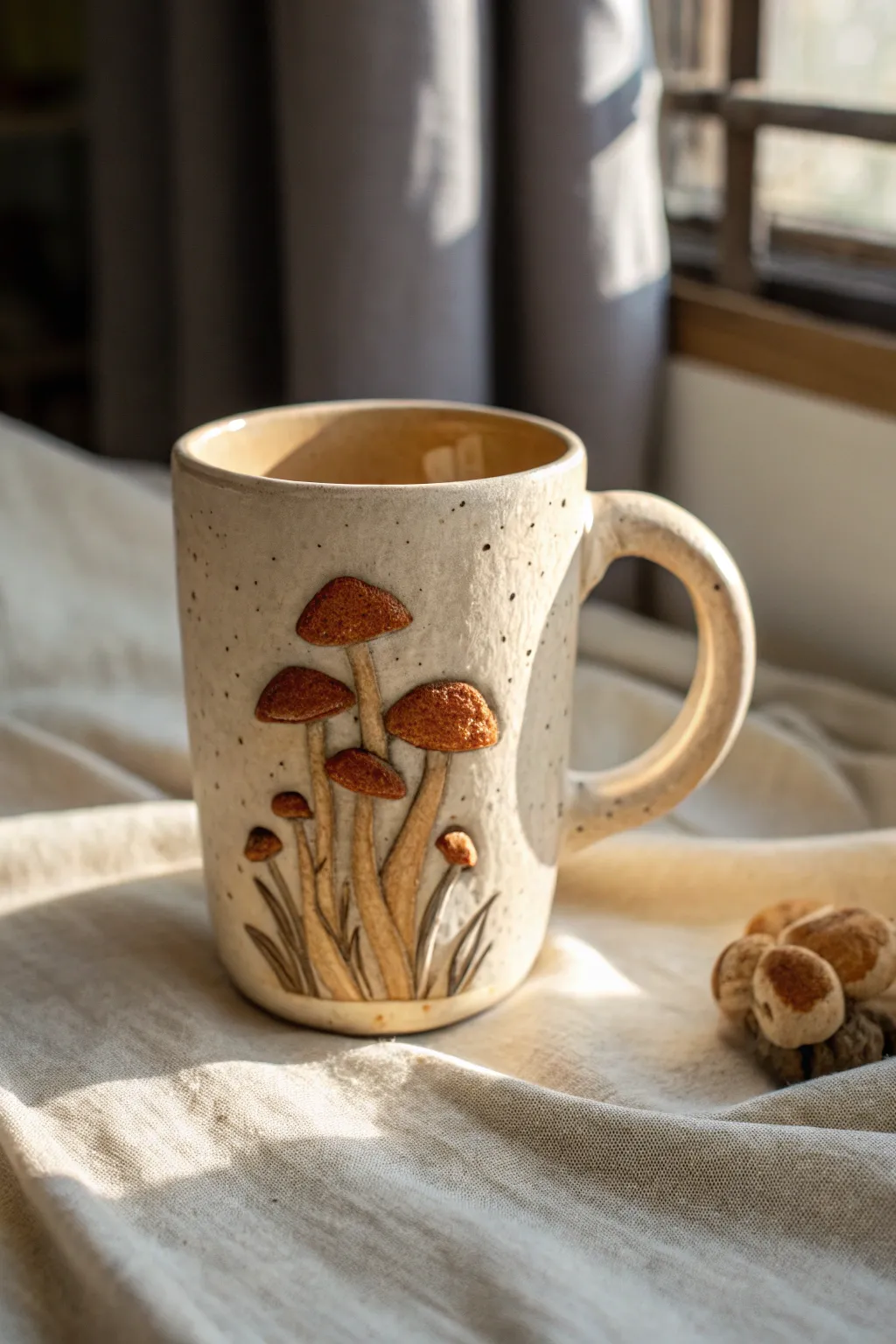 Chunky 3D mushroom cluster mug with pooled glaze details in a clean Scandinavian palette