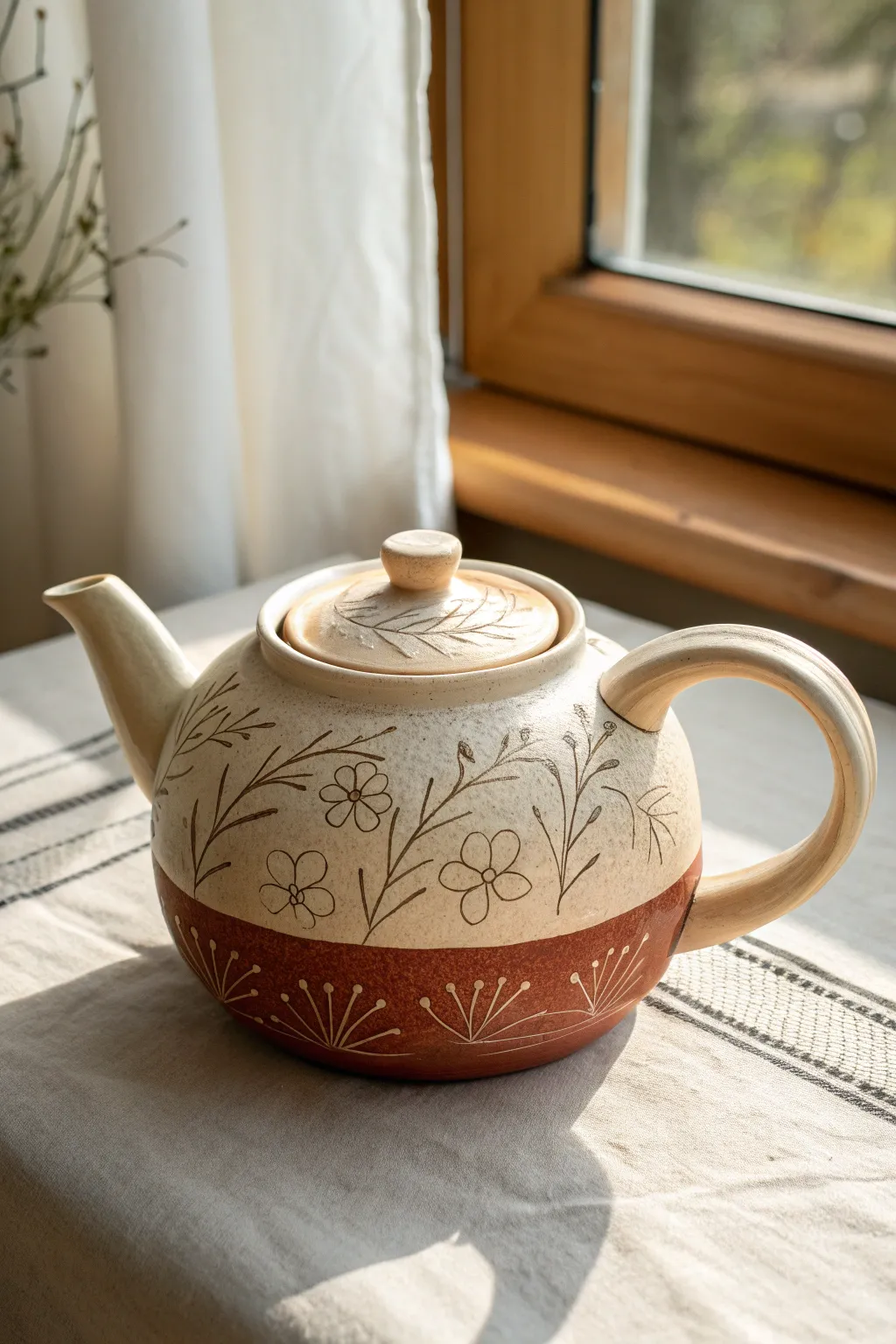 Bold sgraffito floral teapot in natural daylight, minimalist shape with warm earthy contrast
