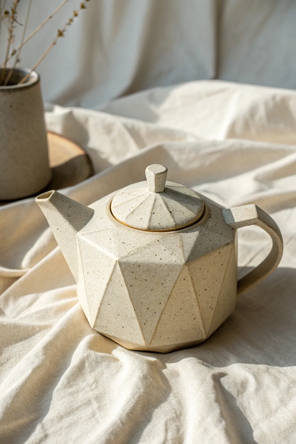 Faceted geometric teapot in matte ivory glaze, clean spout and handle, handmade minimal charm.