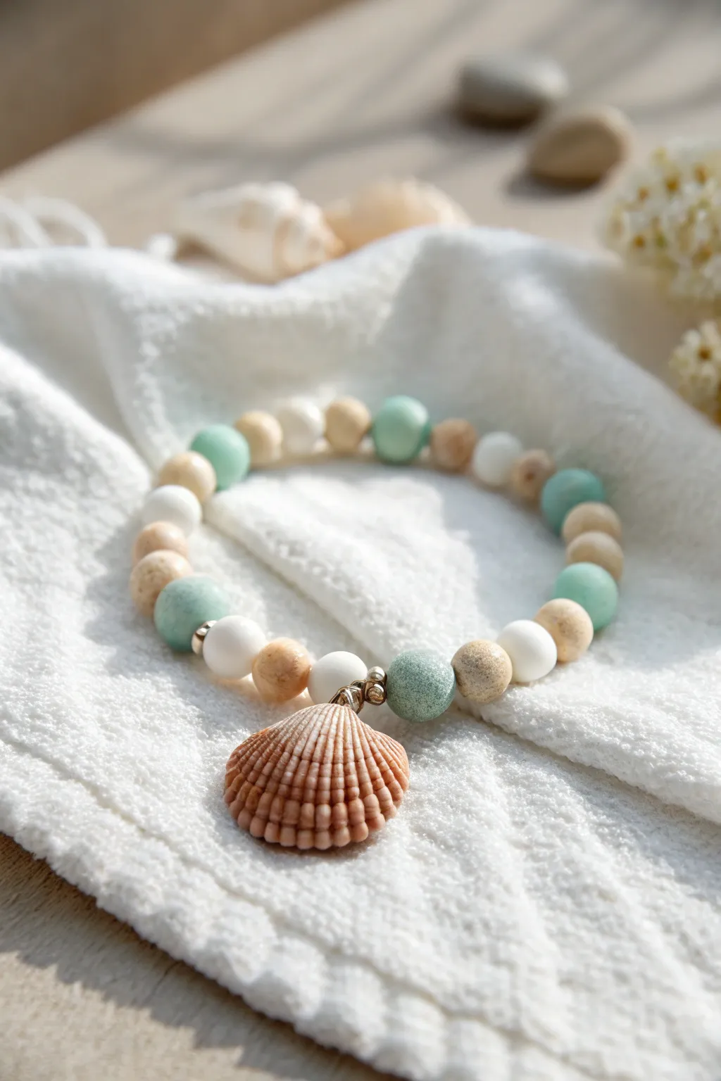 Coastal clay bead bracelet with a single shell charm in seafoam, sand, and white tones