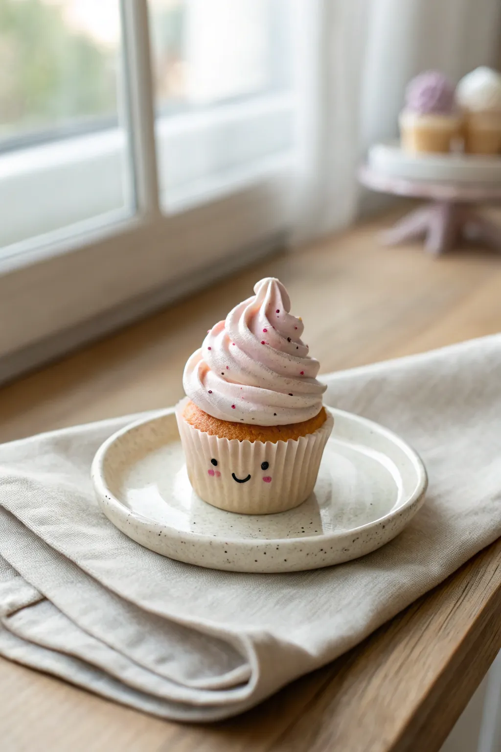 Adorable mini air-clay cupcake with sprinkle frosting and a tiny face, styled minimalist.