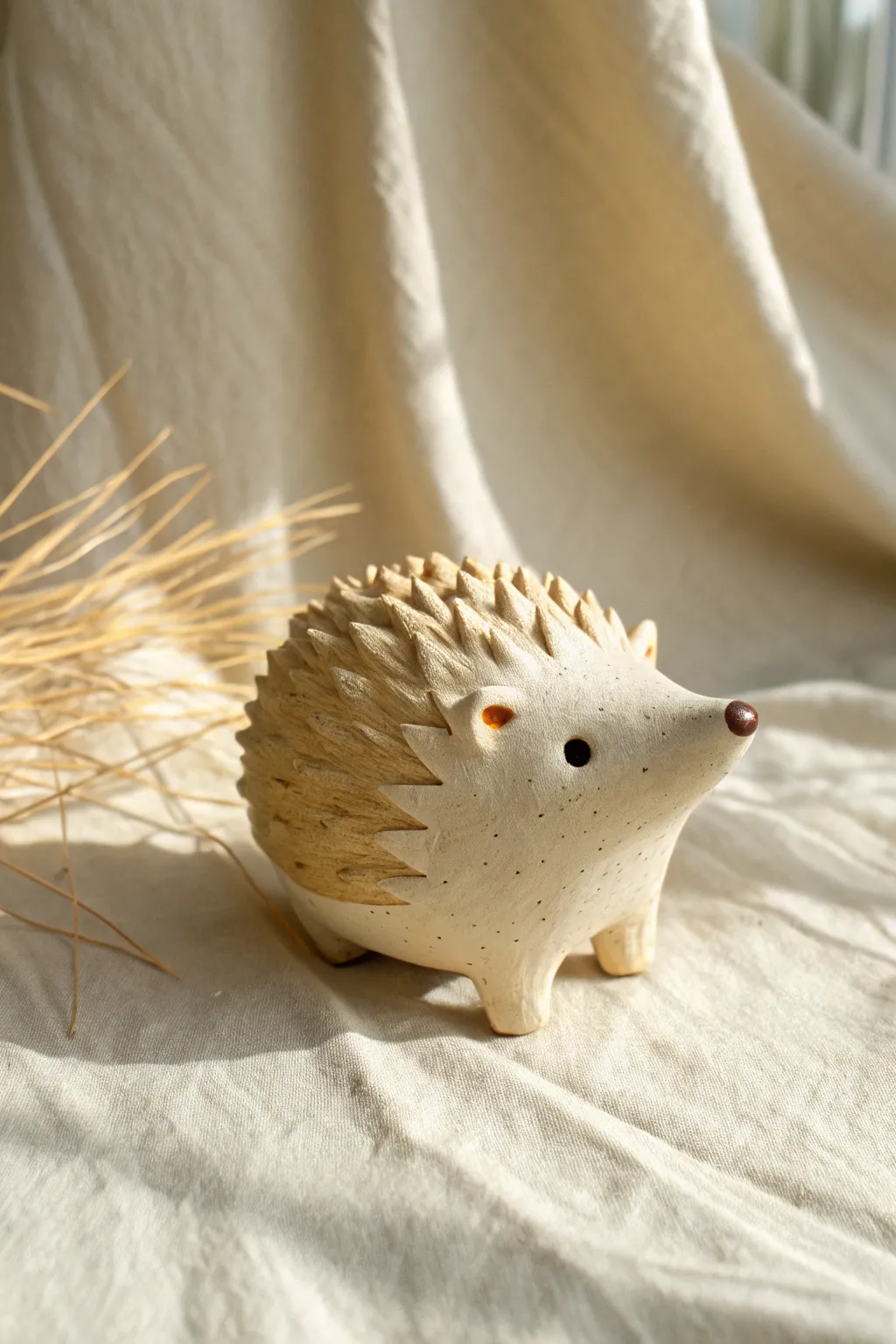 Palm-sized air dry clay hedgehog with easy pressed spines, a cute minimalist animal idea.
