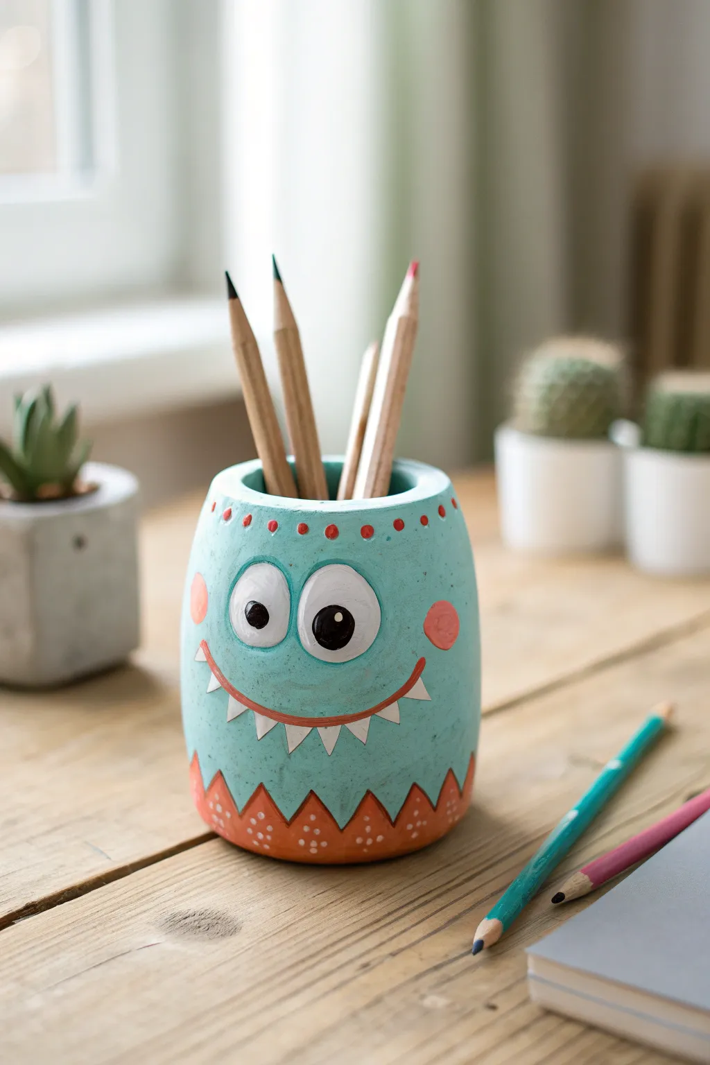 Cute air dry clay monster pencil cup with toothy grin and eye stalks, perfect for kids crafts.