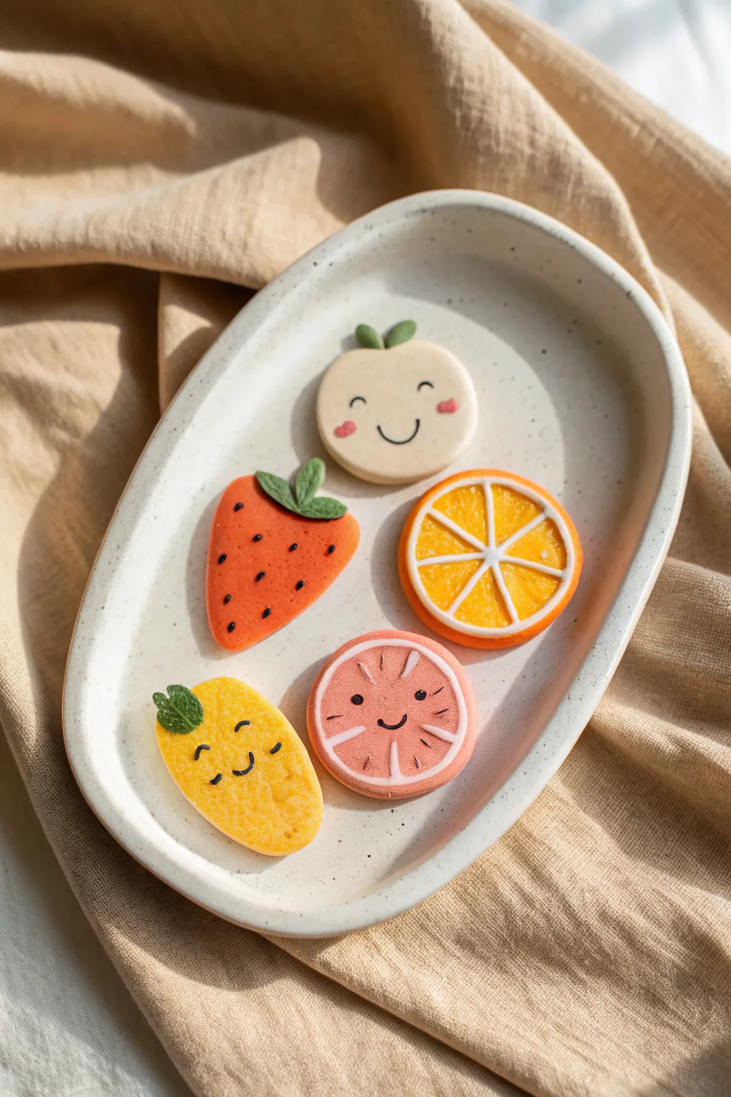 Smiling pastel fruit slice minis on a simple tray, the sweetest air dry clay project for Pinterest.