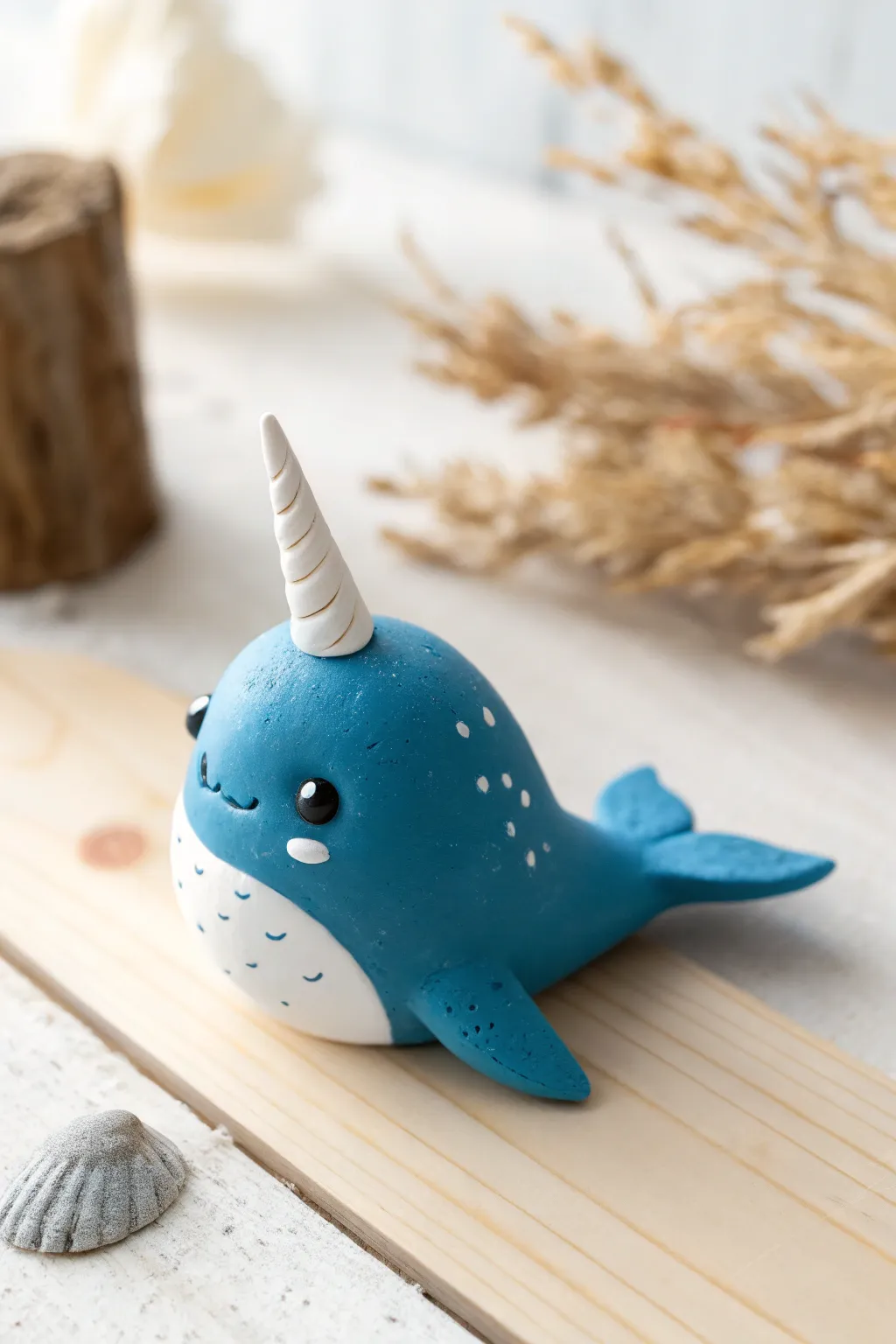 Tiny blue clay narwhal with a spiral horn and white belly, sweet minimalist decor idea
