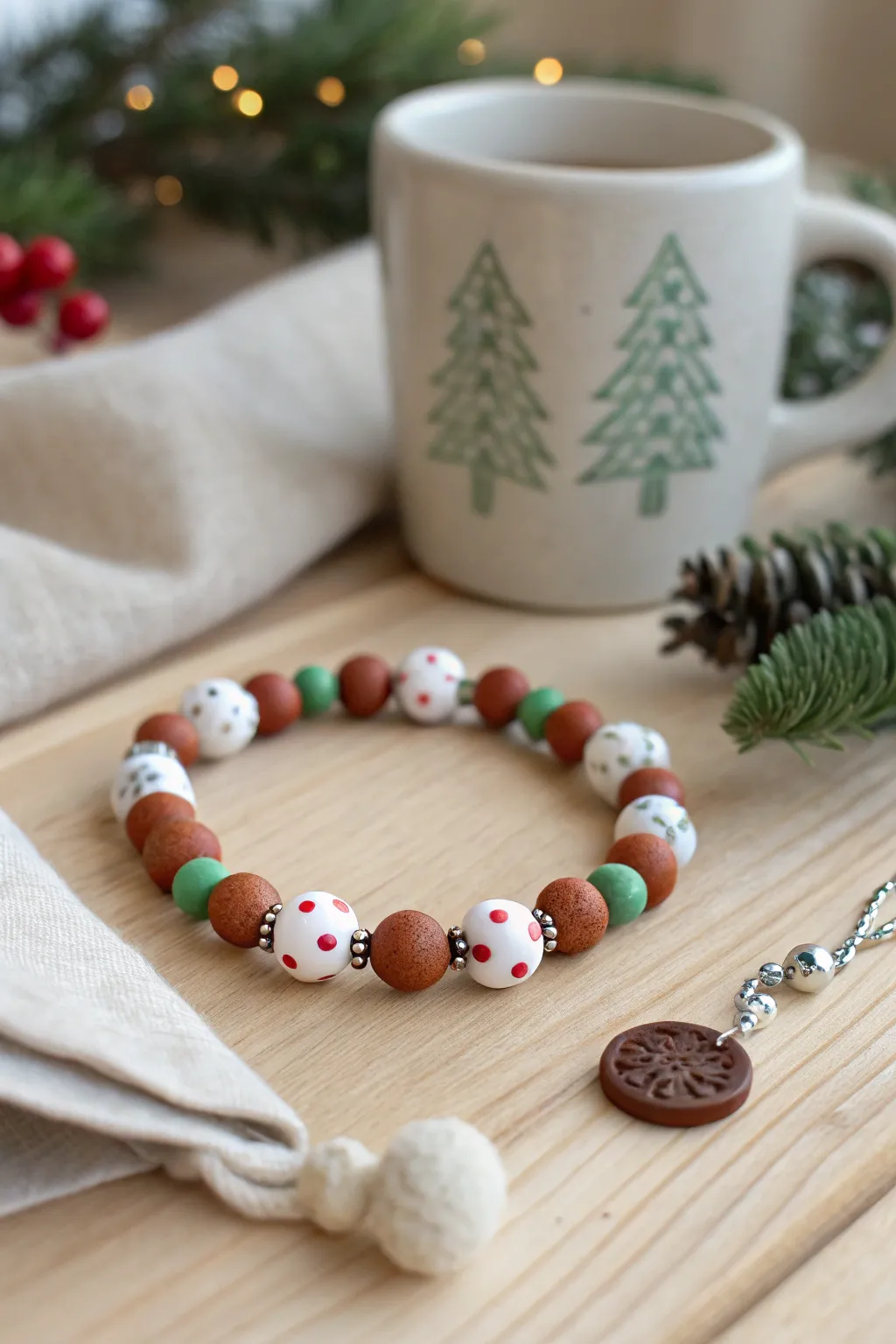 Gingerbread clay bead bracelet with icing-white accents and tiny red-green pops, cozy baking vibe.