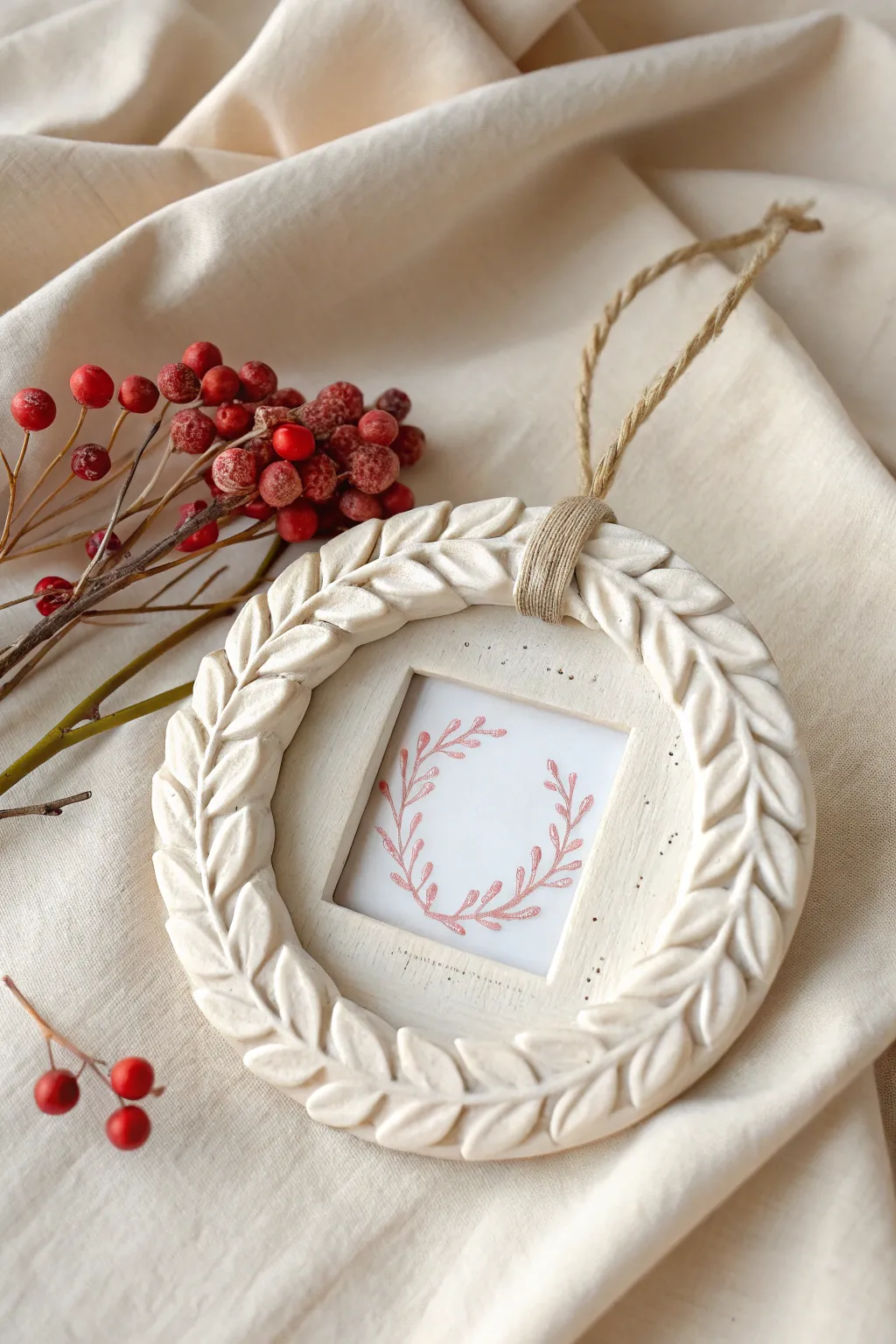 DIY photo frame ornament with clay wreath border and berries, perfect for a personal Christmas tree.