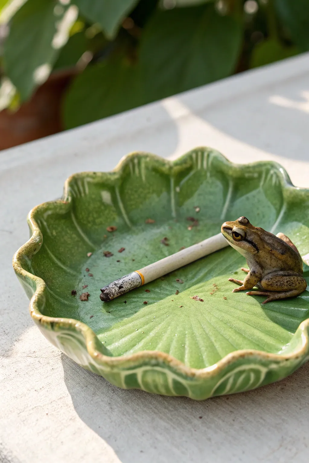 Tiny frog friend on a glossy lily pad ashtray, a cute handmade touch for cozy smoke breaks.