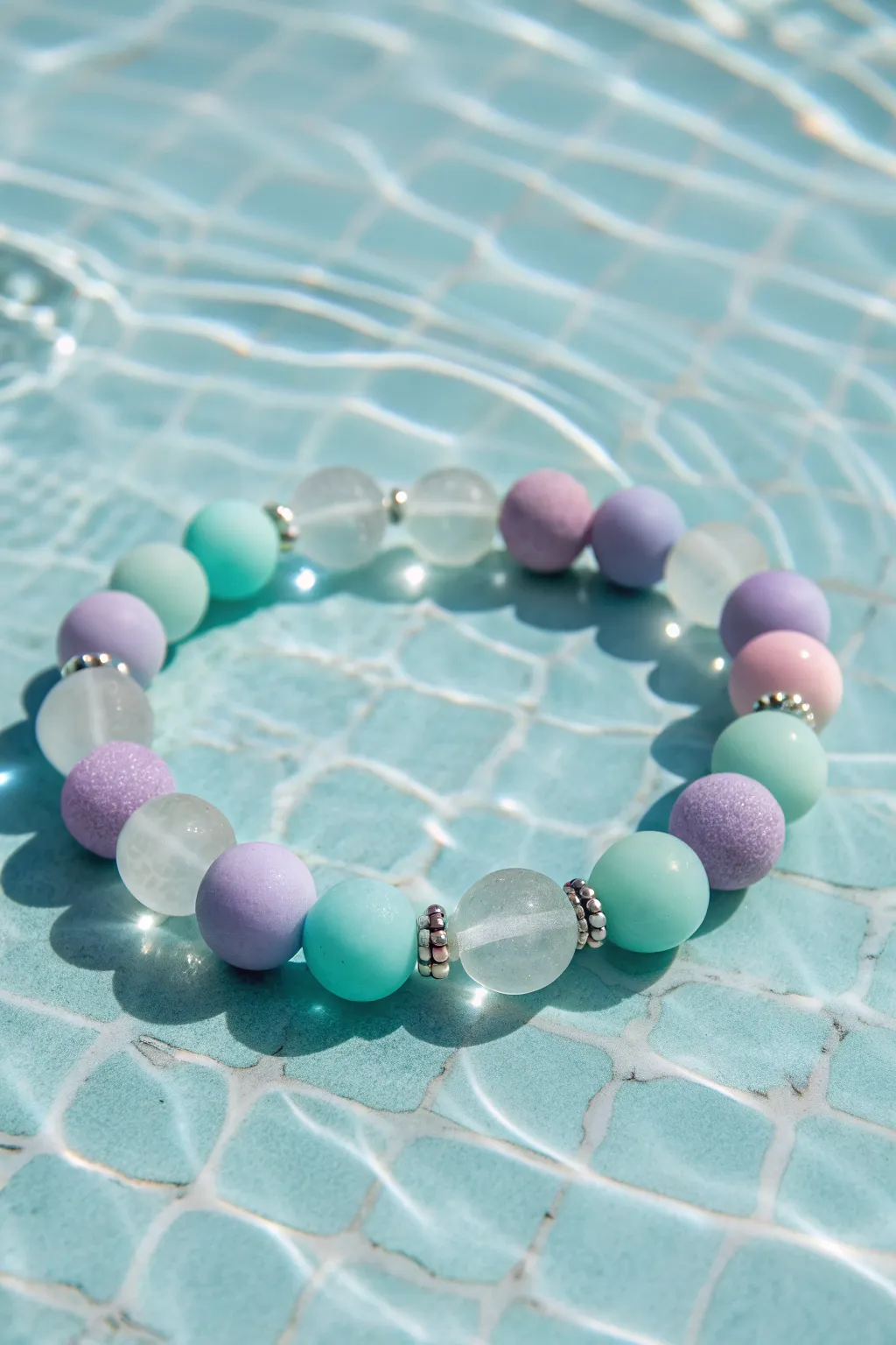 Sea glass pastel clay bead bracelet in mint, aqua, and lilac for a soft beachy vibe
