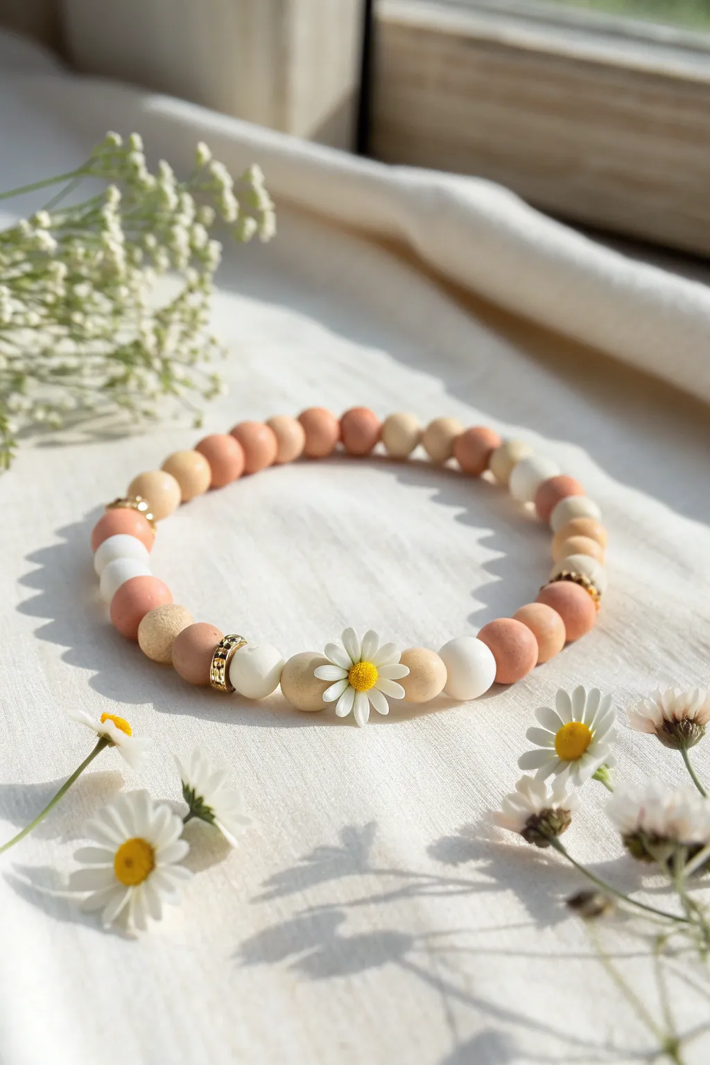 Bright, easy clay bead bracelet with sweet daisy accents in a minimal Scandinavian boho style.