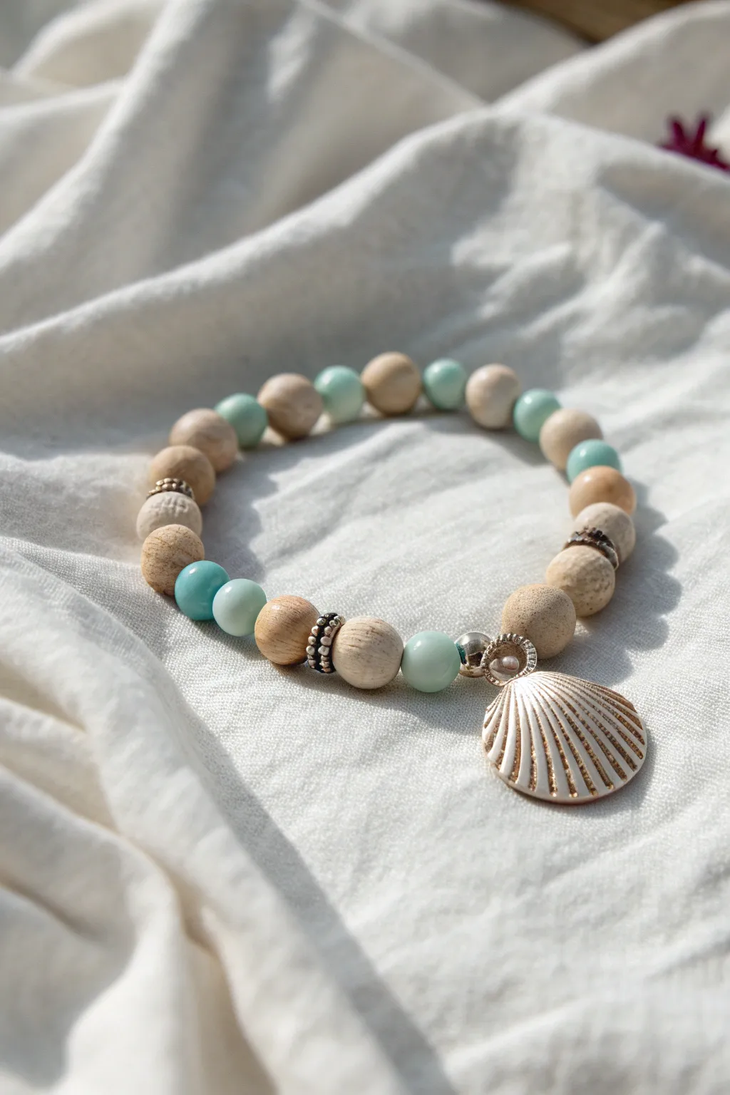 Beachy clay bead bracelet with a shell centerpiece, sandy neutrals and soft ocean hues.