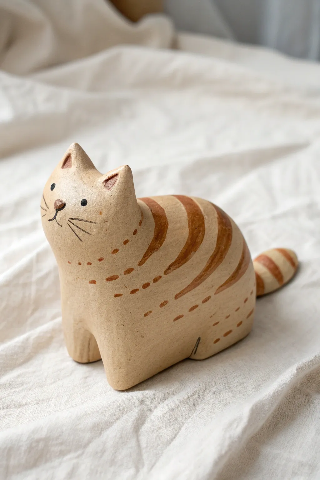 Cute loaf clay tabby with gentle, evenly spaced stripes in a soft Scandinavian palette