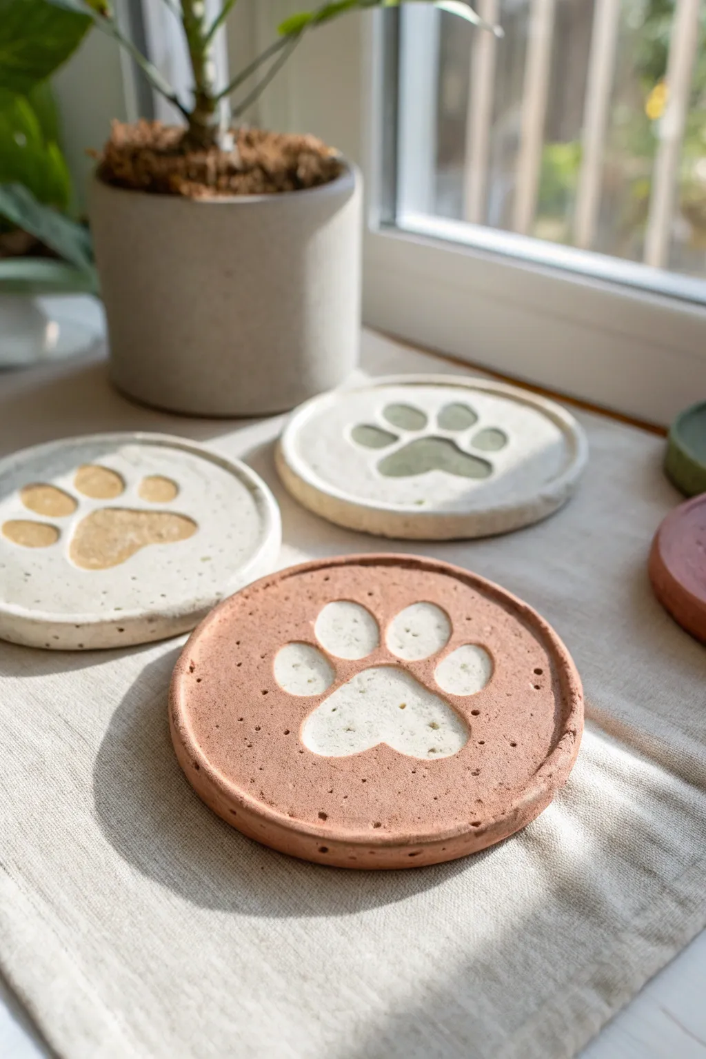 Playful paw print coasters in soft earthy tones, minimalist and sweet for your coffee table
