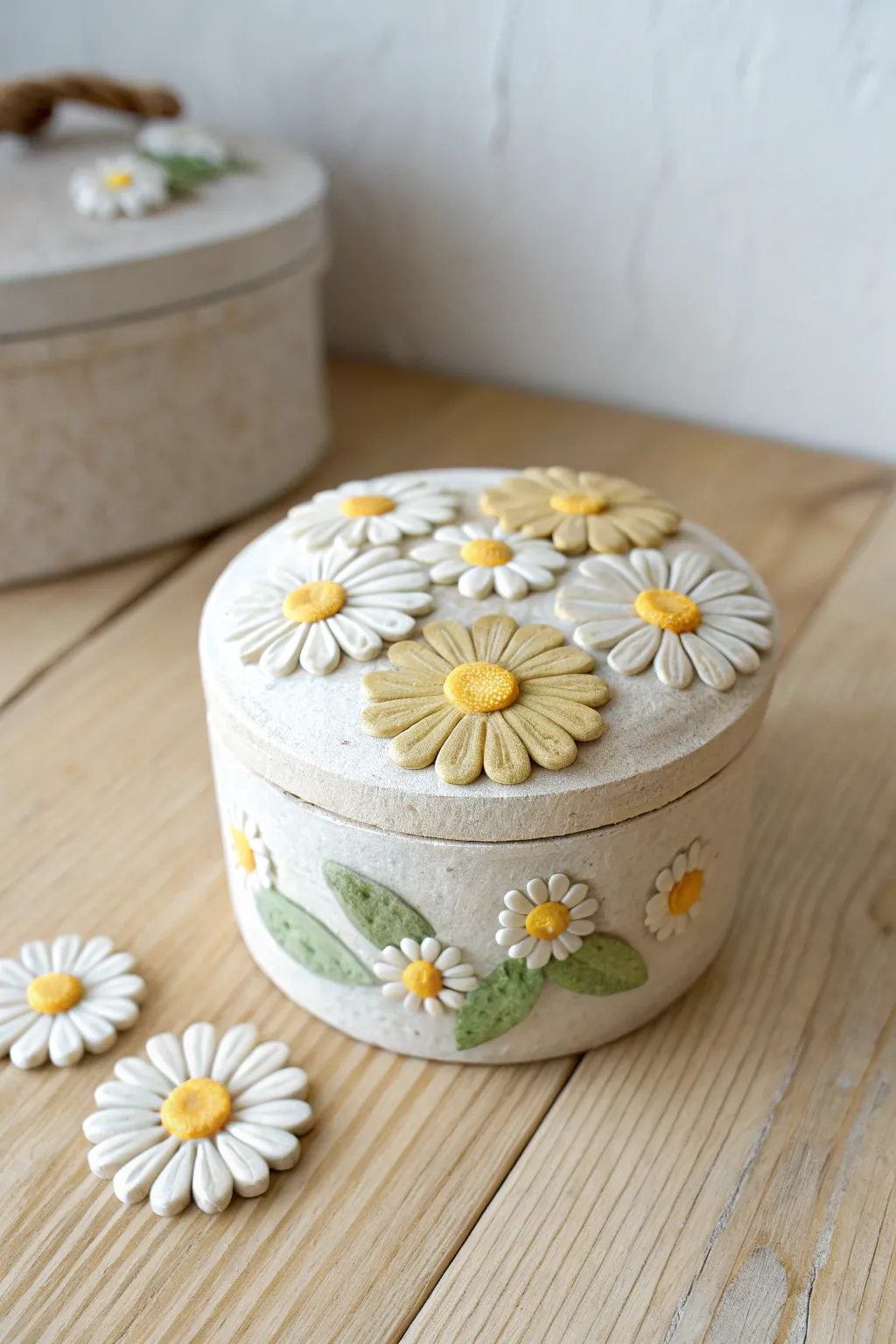 Daisy lid keepsake box in soft pastels, a charming clay container idea for sweet little treasures.