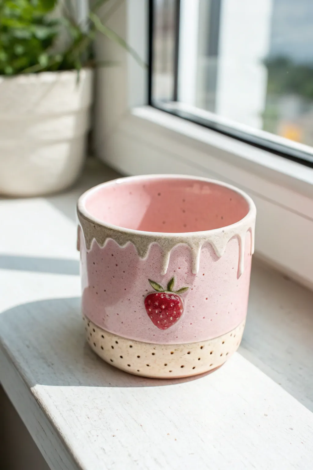 Sweet strawberry milk drip cup in blush pink, minimalist and handmade charm for cozy mornings.