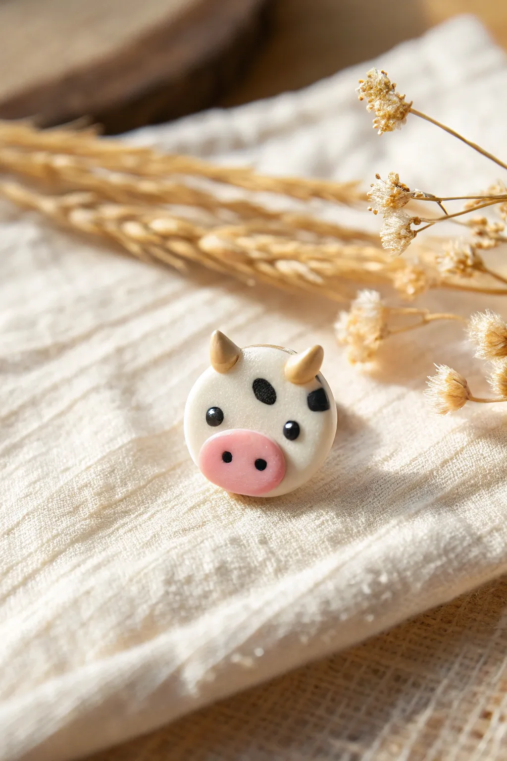 Adorable mini cow face stud in creamy clay with tiny black spots, simple and sweet.