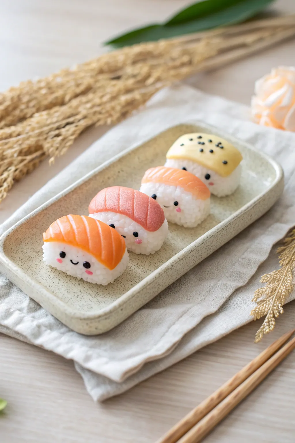 Cute clay sushi nigiri trio with tiny faces on a simple tray, minimalist and charming.