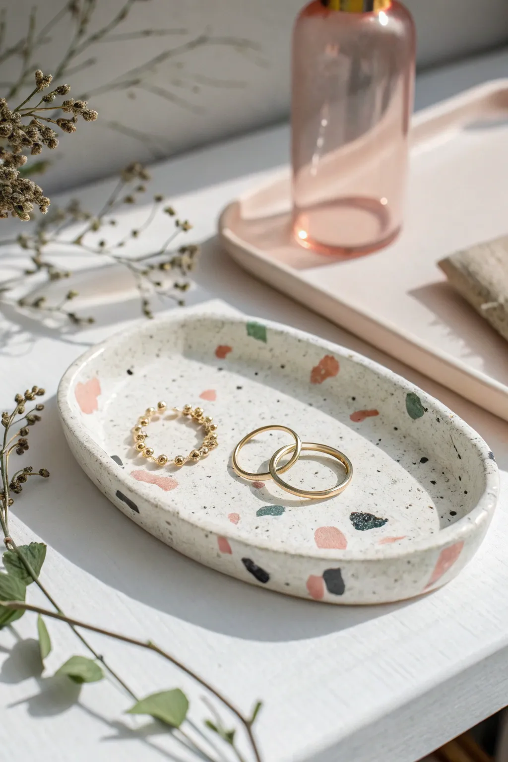 Terrazzo trinket tray with tiny rings and earrings, minimalist boho gift idea in clay