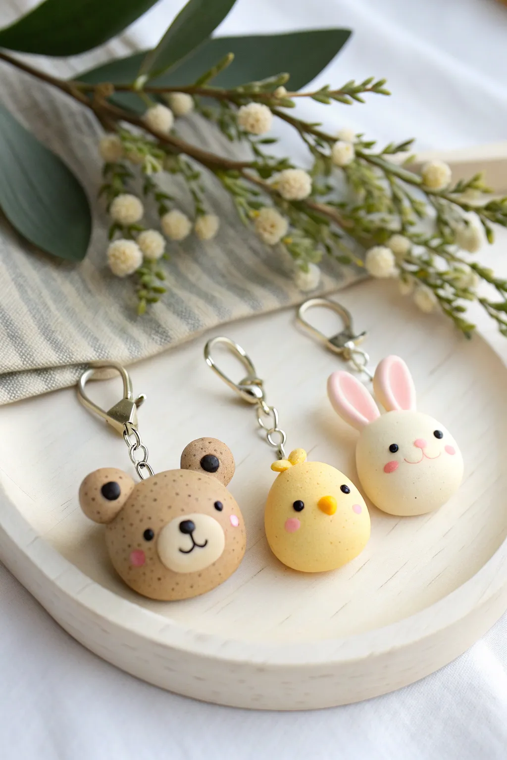 Chubby clay bear, chick, and bunny charms from basic shapes, minimal, soft, and super cute.