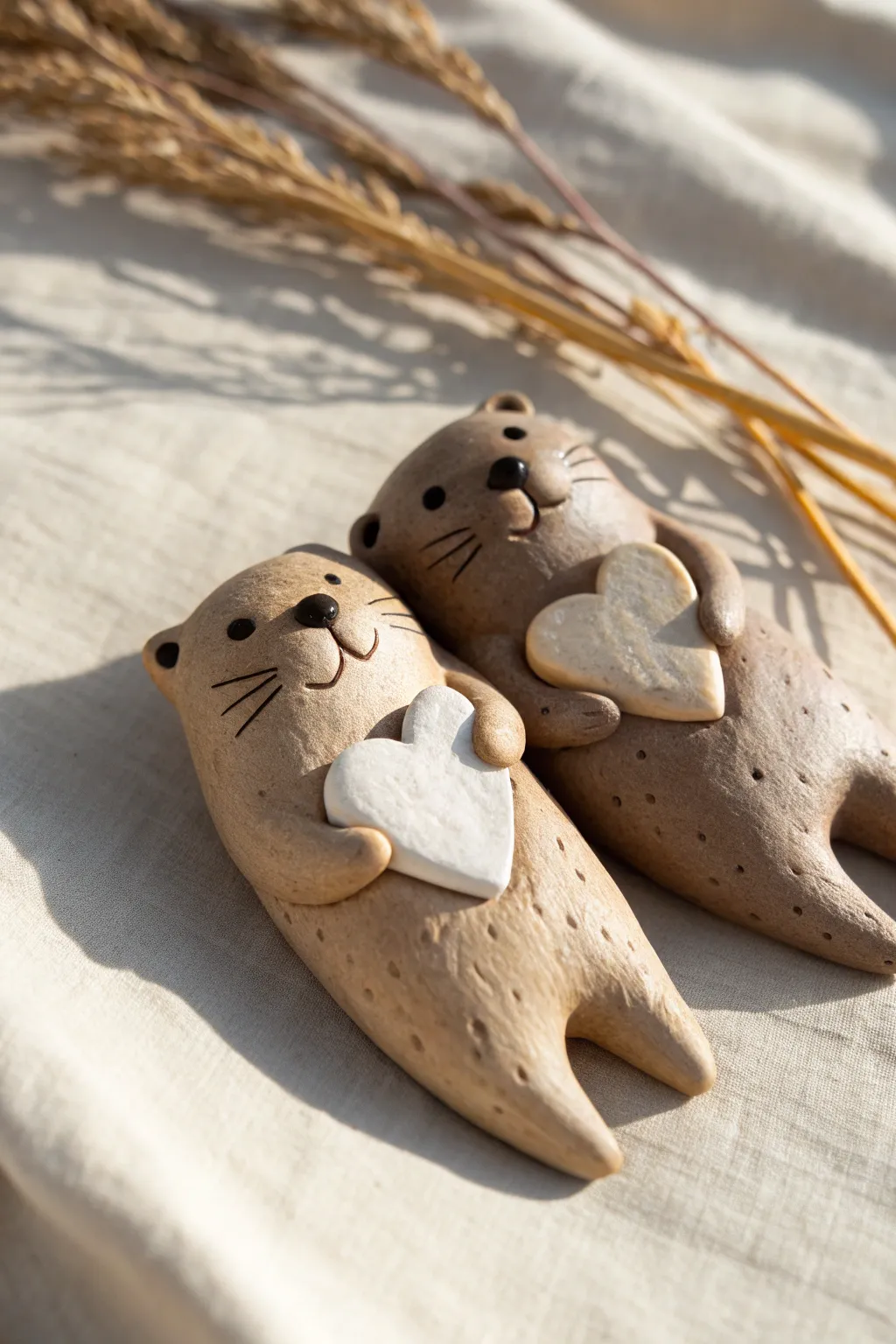 Sweet clay otter duo holding tiny hearts, perfect for minimalist boho pottery decor.