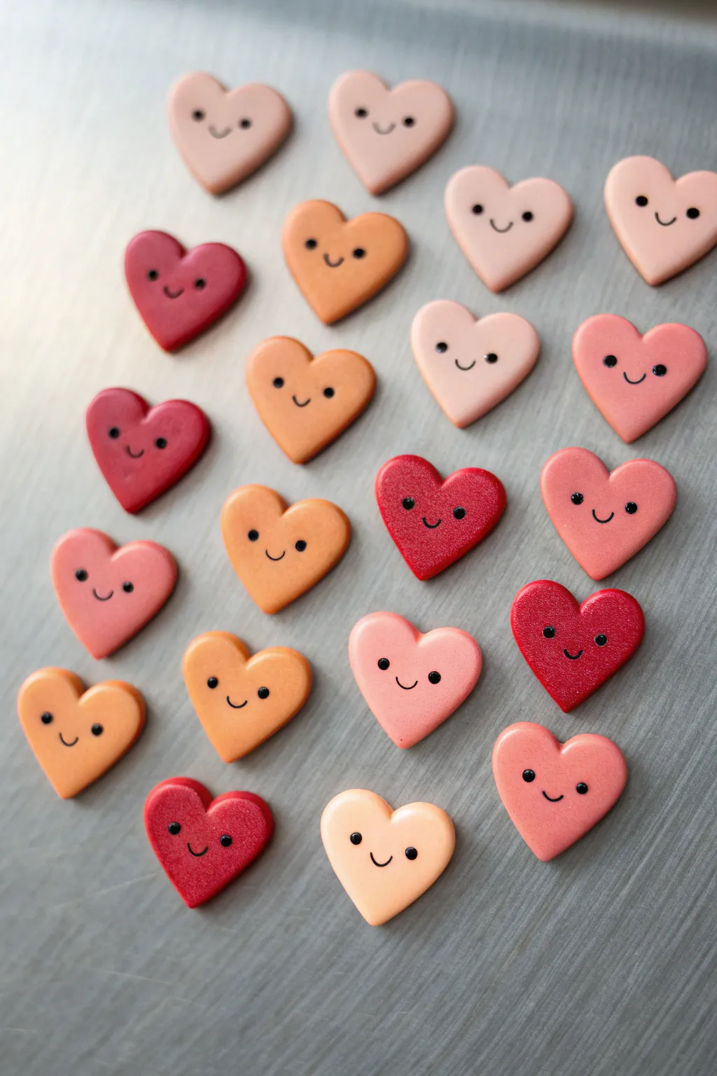 Mini heart clay magnets with blush cheeks in a neat grid, soft tones and cozy minimal styling.