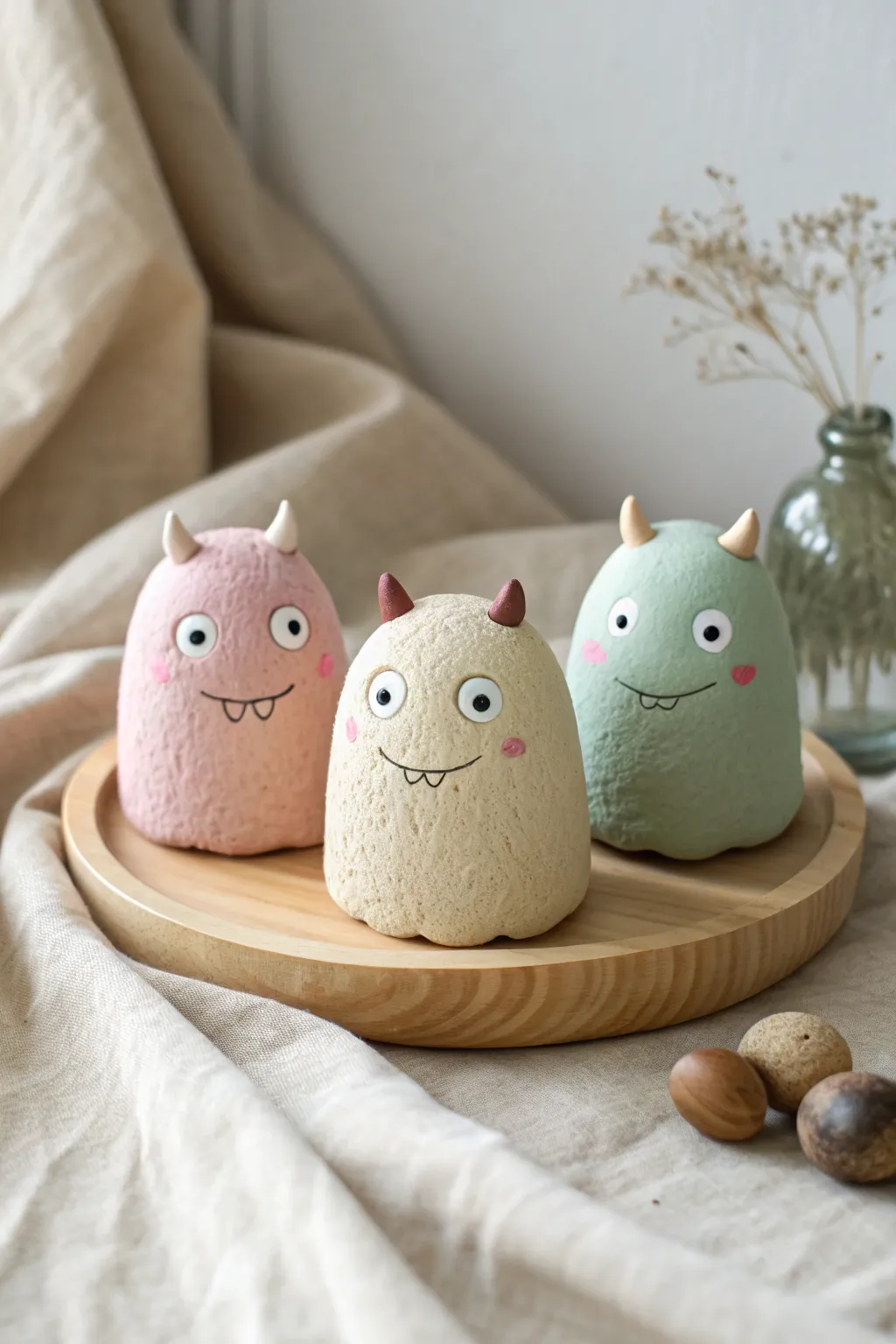 Sweet pastel blob monsters with big eyes and tiny horns, a simple kid friendly clay project.