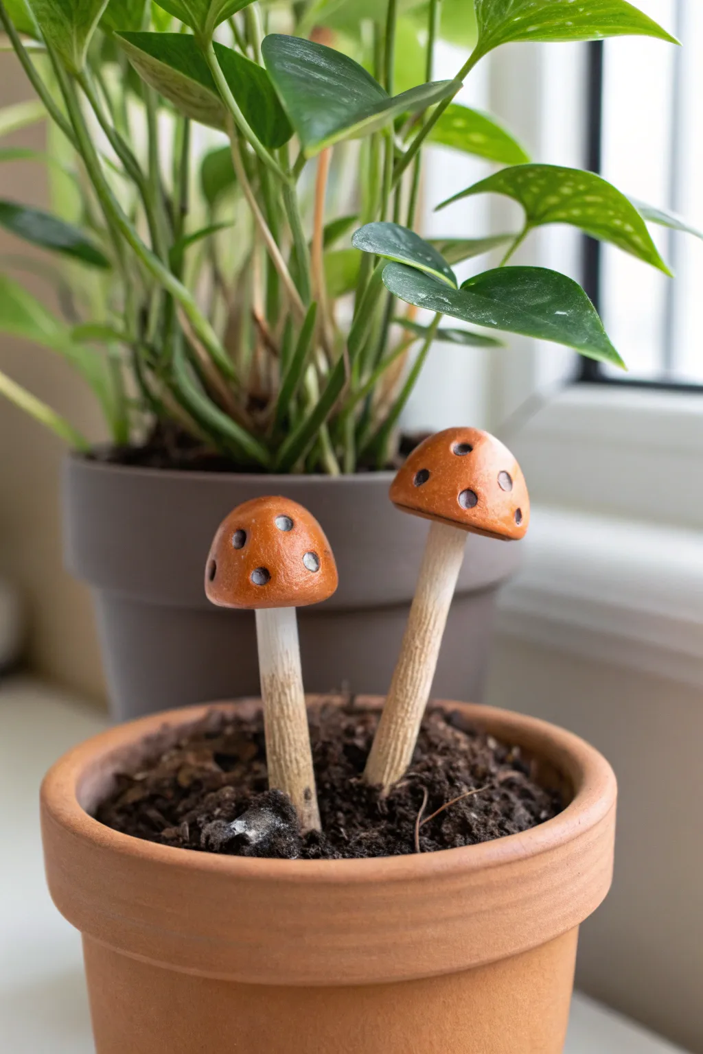 Two sweet clay mushroom stake pals peeking from a plant pot, earthy, minimal, and charming