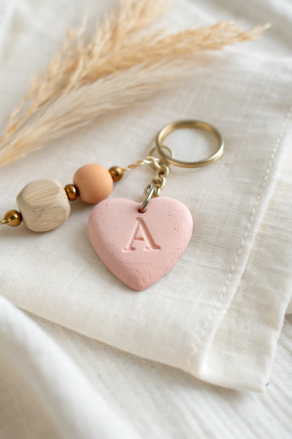 Puffy pastel heart clay keychain with a tiny raised initial and a simple bead, minimal and sweet.